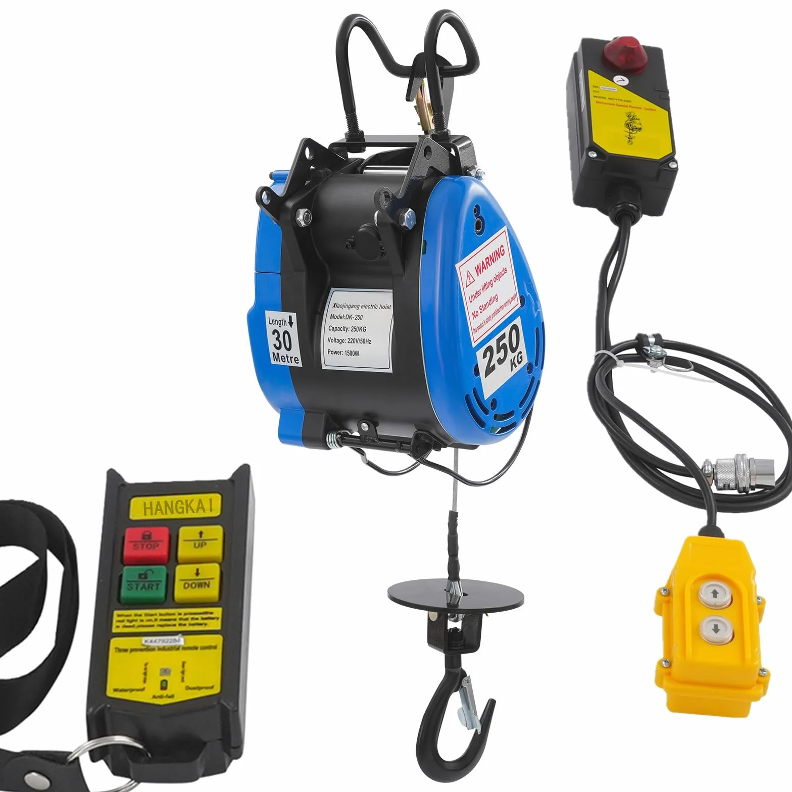 Mobilna wciągarka elektryczna 230 V, 250 kg, nośność 19 m/min, bezprzewodowy pilot zdalnego sterowania (100 m), z bateriami, uchwyt sterujący kablem 1500 W, wysokość podnoszenia 29 m, linka druciana