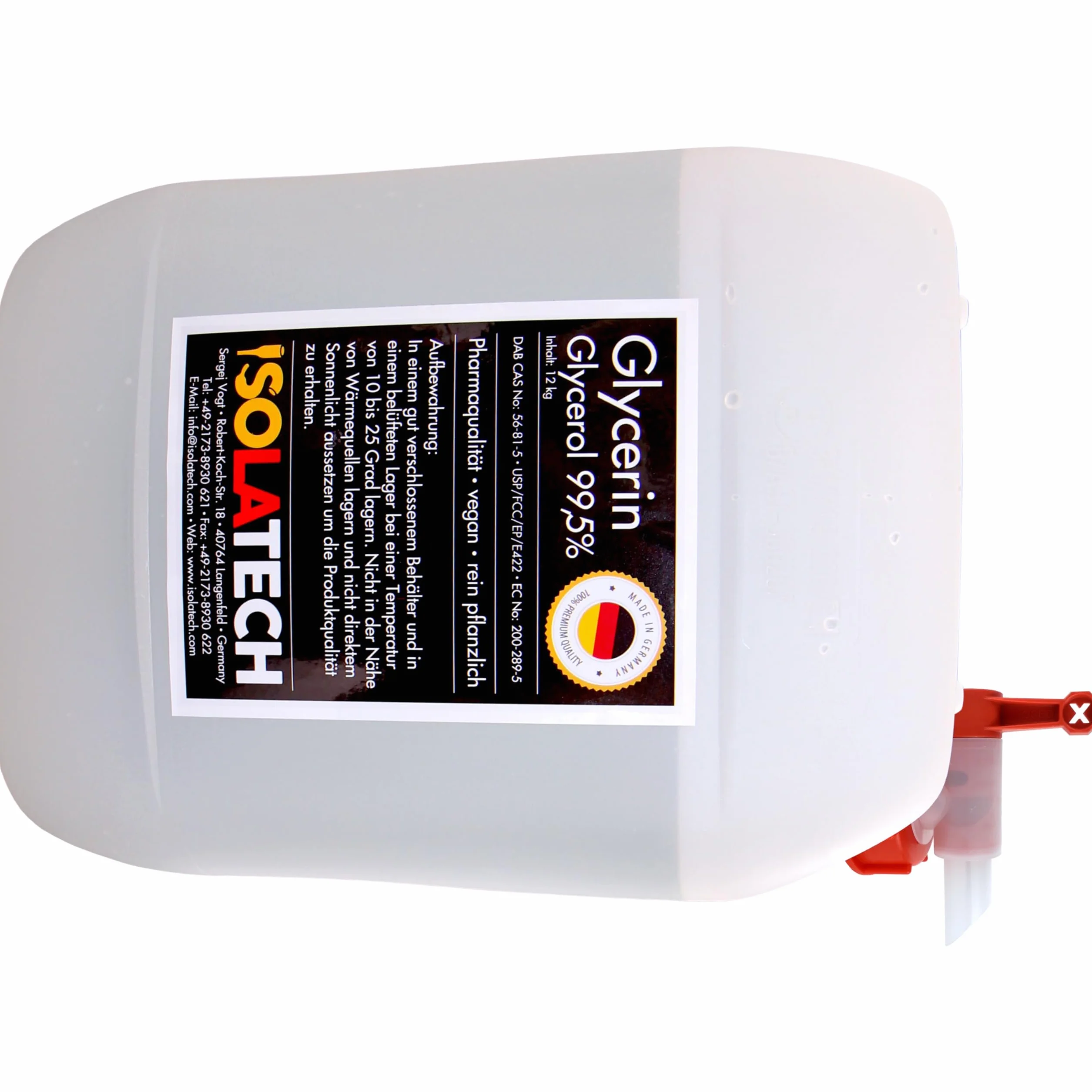 ISOLATECH Gliceryna 99,5% 10 l, jakość farmaceutyczna made in Germany, mierzona w 99,98% czysto roślinna, gliceryna, glicerol w płynie z płynem SABEU Fluxx AH23/51 HF kurek przelewowy DIN 51 10 l