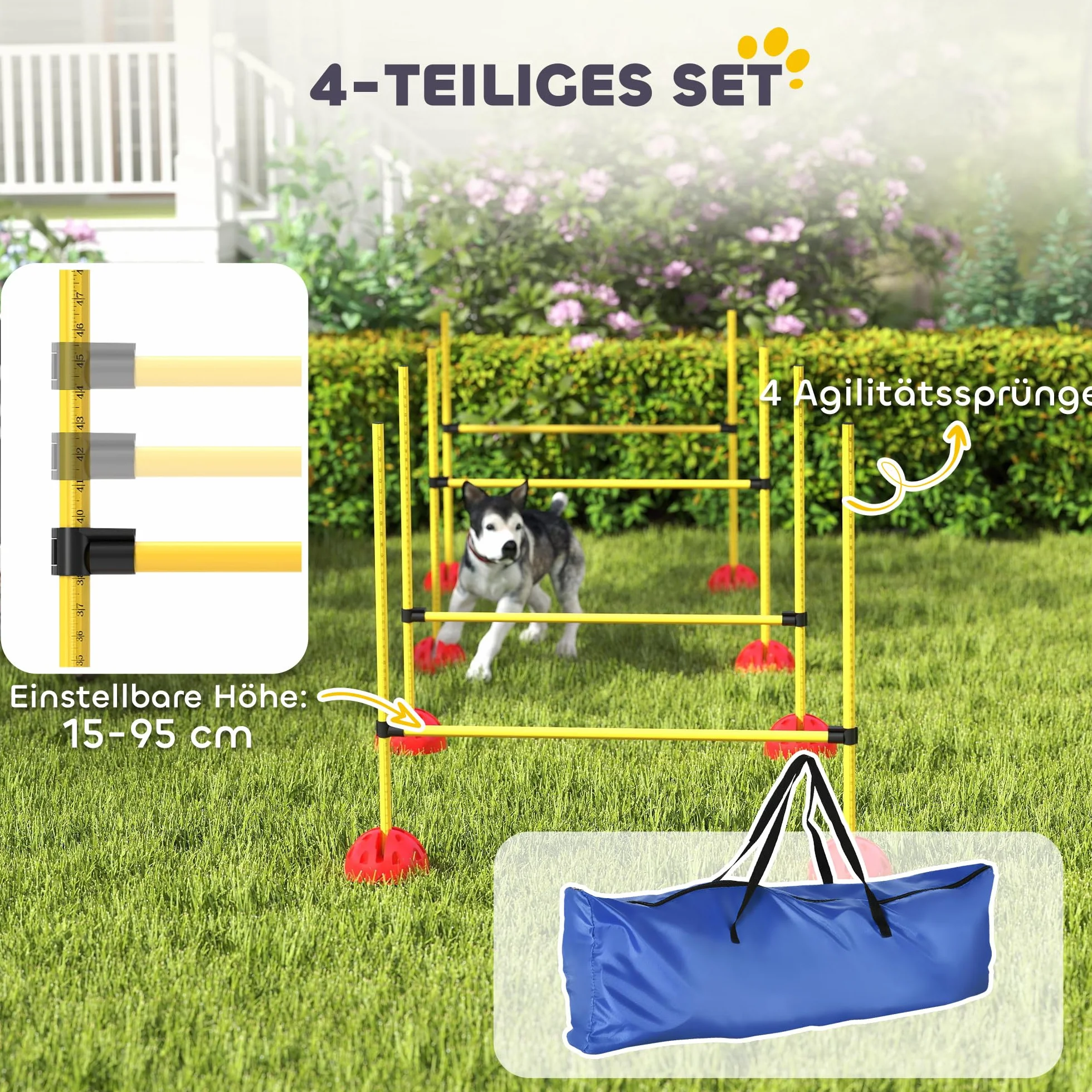 PawHut Agility zestaw dla psów, 5-częściowy, do napełniania, wyposażenie agility do treningu psa, zestaw płotek z regulacją wysokości, torba transportowa, akcesoria treningowe, trening koordynacyjny
