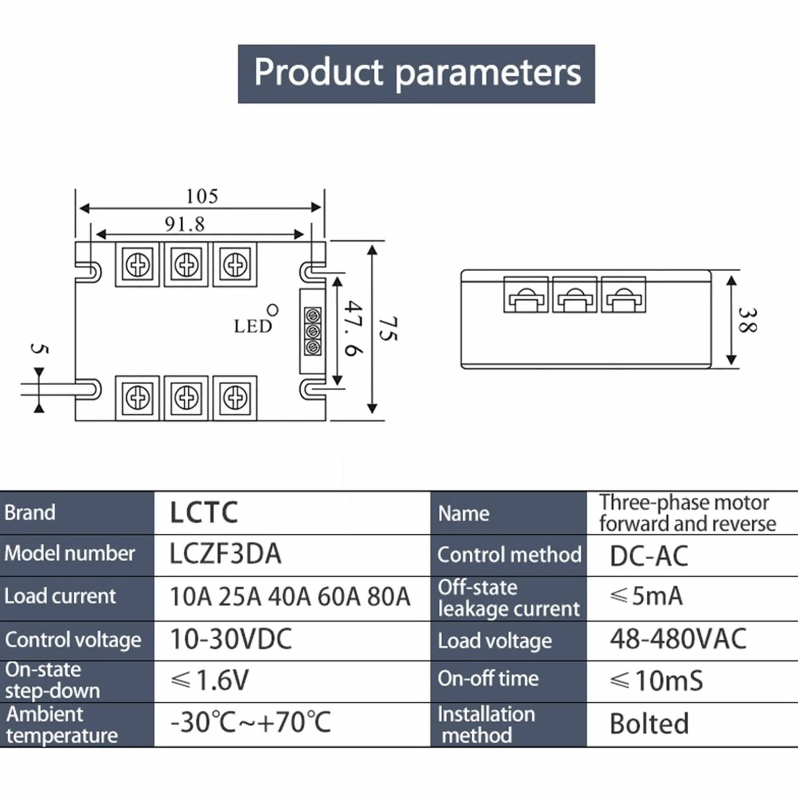 LCZF3DA Trójfazowy moduł sterujący silnika DC/AC Przekaźnik półprzewodnikowy 40A 10-30V DC 40-480V AC