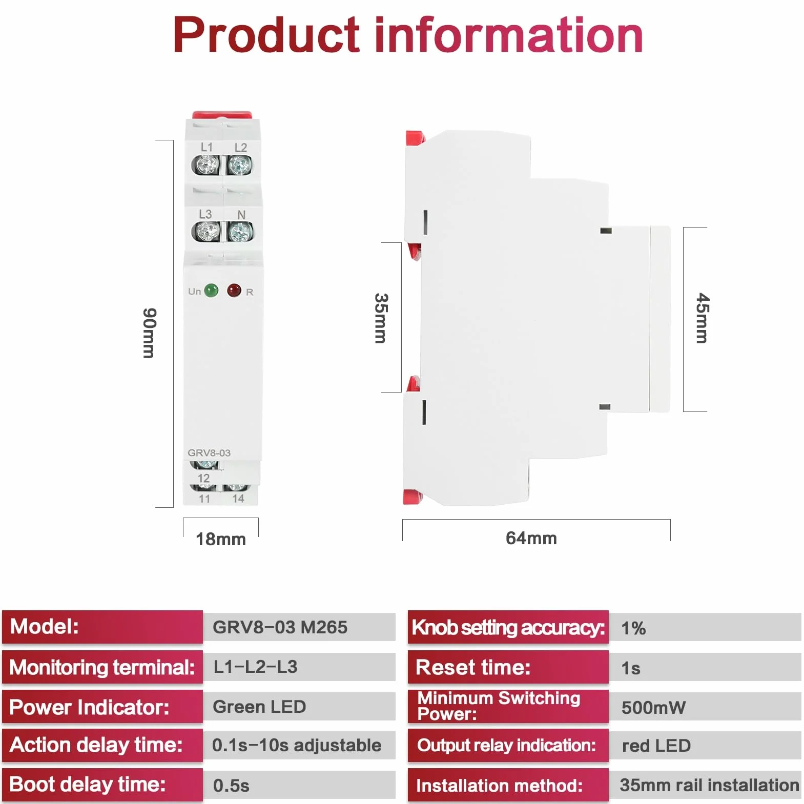 DEWIN Przekaźnik monitorujący napięcie, przekaźnik monitorujący fazy GRV8-03 M265 przekaźnik monitorujący napięcie, przekaźnik sekwencji faz i zabezpieczenie przed awarią faz