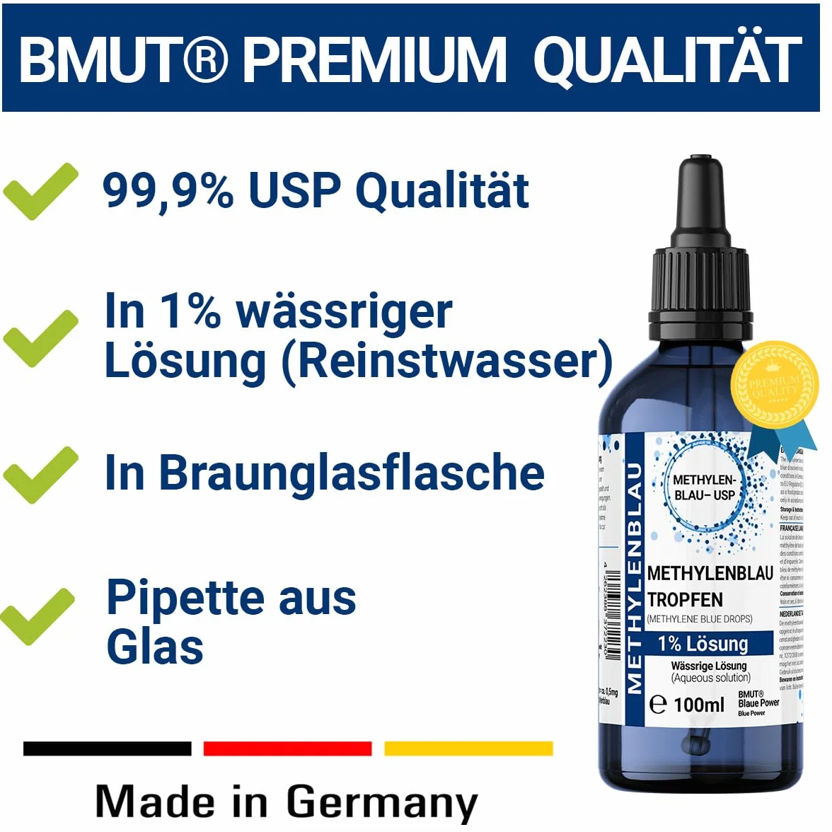1 x 100 ml roztwór błękitu metylenowego 1% – kropla w butelce z brązowego szkła z pipetą – wysoka czystość Methylene Blue bez dodatków – jakość farmaceutyczna USP – z Niemiec
