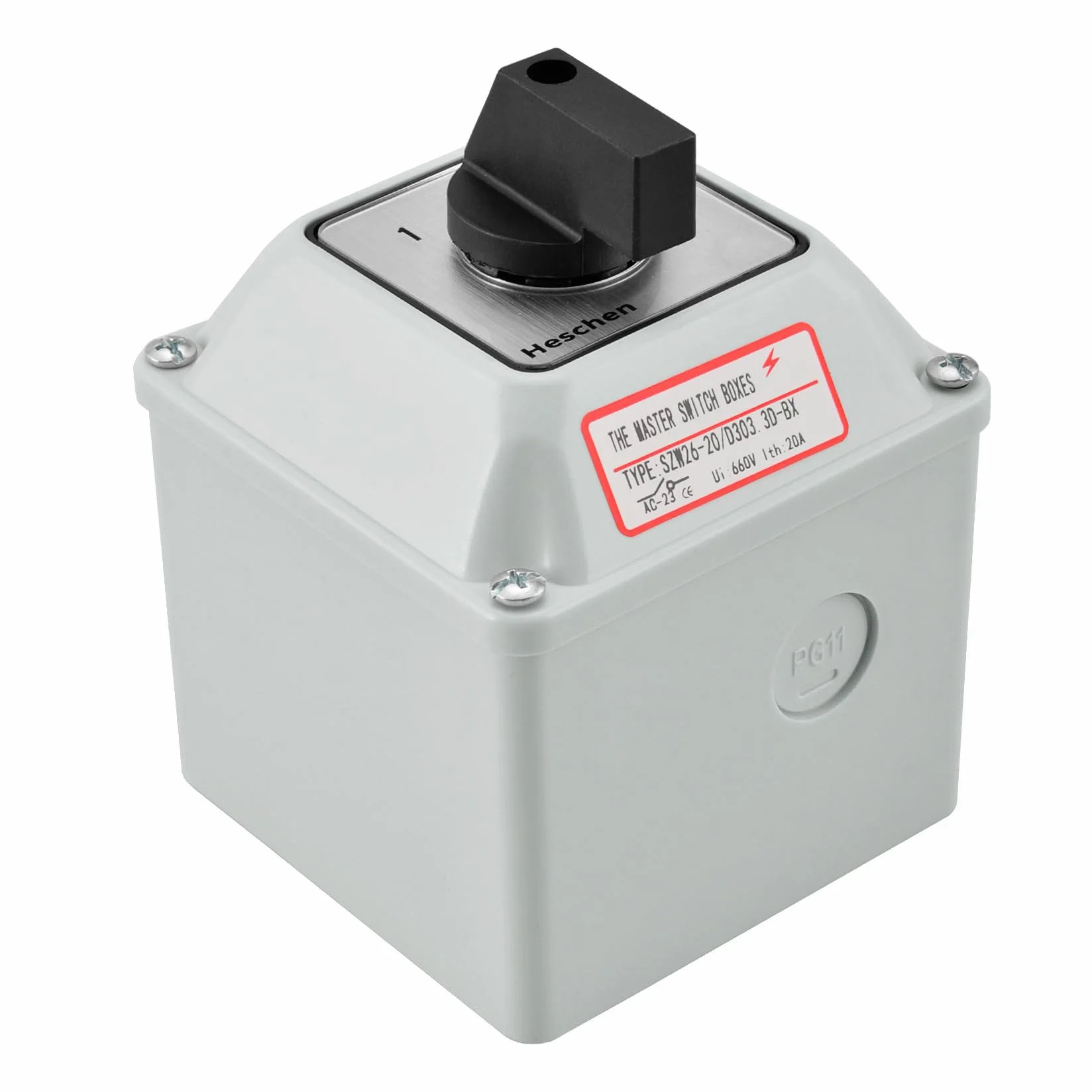 Heschen Uniwersalny przełącznik przełączający krzywki obrotowej SZW26-20/D303.3D-BX 660V 20A 3-pozycyjny 3-fazowy 12 zacisków CE z przełącznikiem głównym skrzynka zewnętrzna LW28-20/4 (Bigger Box)
