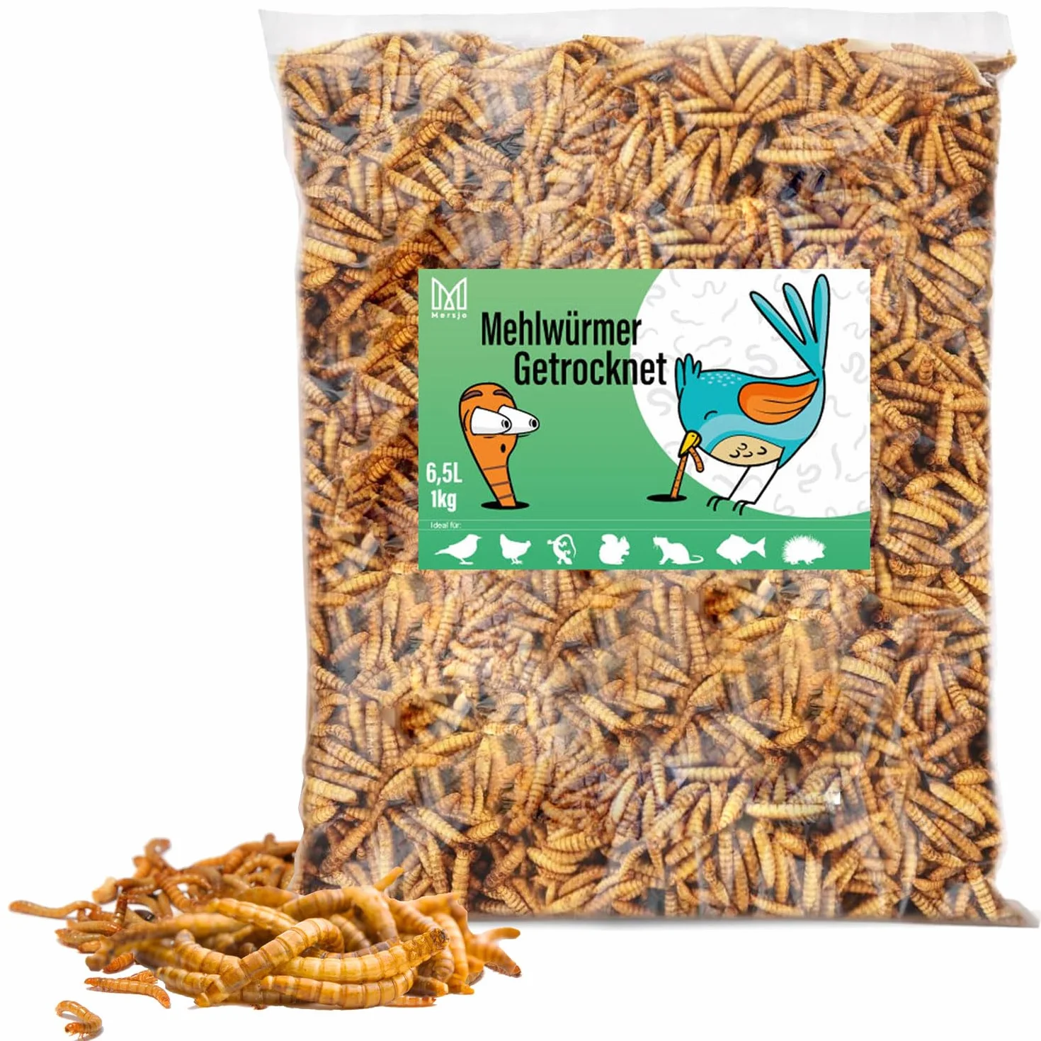 Mączniaki suszone, 1 kg, 6,5 l, naturalna karma dla dzikich ptaków przez cały rok, karma dla ryb, staw, wysoka zawartość białka, kwasy tłuszczowe Omega-3, neutralny zapach, niska zawartość