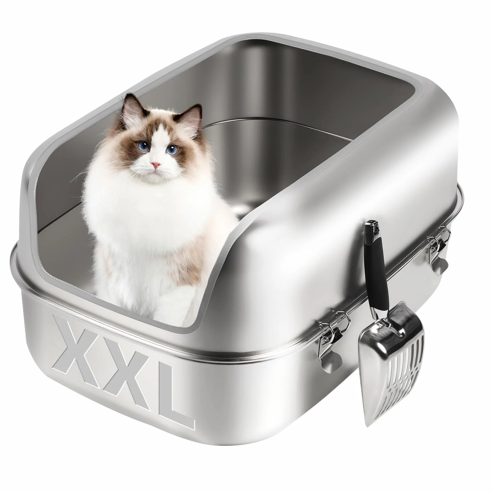 Kuweta dla kota ze stali nierdzewnej XXL, 23,6" dł. x 15,7" szer. x 12" wys., bardzo duża, w połowie zamknięta, wyjmowana metalowa kuweta dla kota z wysokimi ściankami bocznymi, szufla