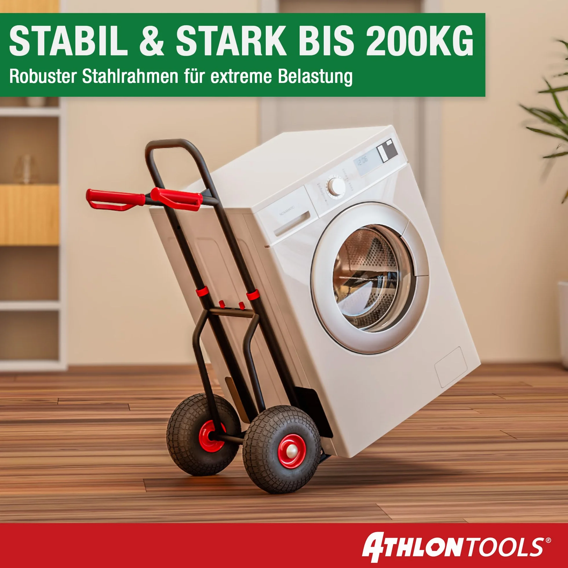 ATHLON TOOLS Wózek transportowy do dużych obciążeń, składany, 200 kg – stalowa rama z oponami wypełnionymi powietrzem, duże koła płynnie poruszają się i nie powodują wstrząsów, składany, zajmuje mało