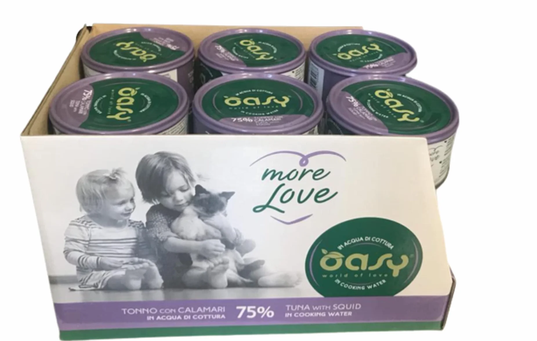 Oasy More Love naturalne mokre jedzenie dla dorosłych kotów smak tuńczyka z kałamarnicą. Opakowanie 24 pudełek (1 pudełko = 70 gr.) Sformułowany bezglutenowy