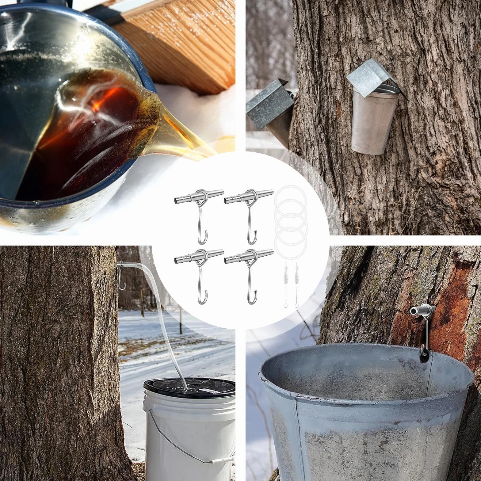 Sap Tapping Kit 4 Set Portable Trunk Faucet 100cm Stainless Steel Tapping Spouts Maple Trees Tap Spiles Tree Sap Collection Drill Bits Cleaning Brushes