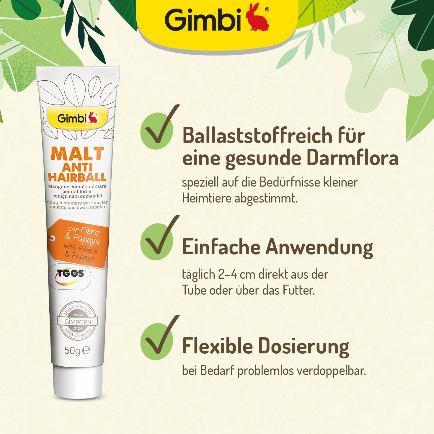 Gimbi Malt Anti-Hairball pasta - Zdrowy smakołyk dla gryzoni ze słodem i błonnikiem dla wspomagania trawienia - 1 tubka (1 x 50 g)