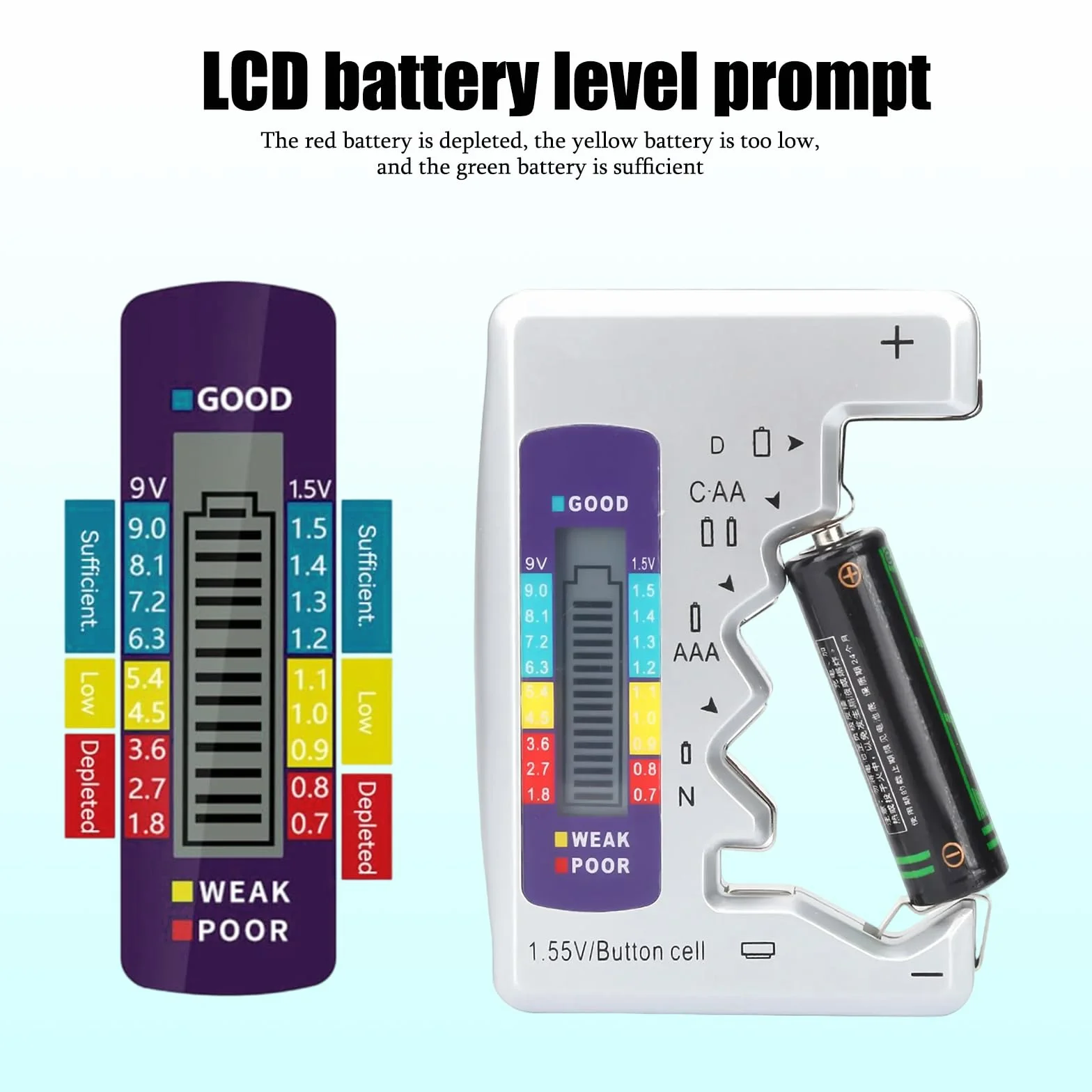 Digital Battery Tester - Tester Baterii Dla Wszystkich Baterii (AAA, AA, C, D, 9V) Z Wyświetlaczem LCD