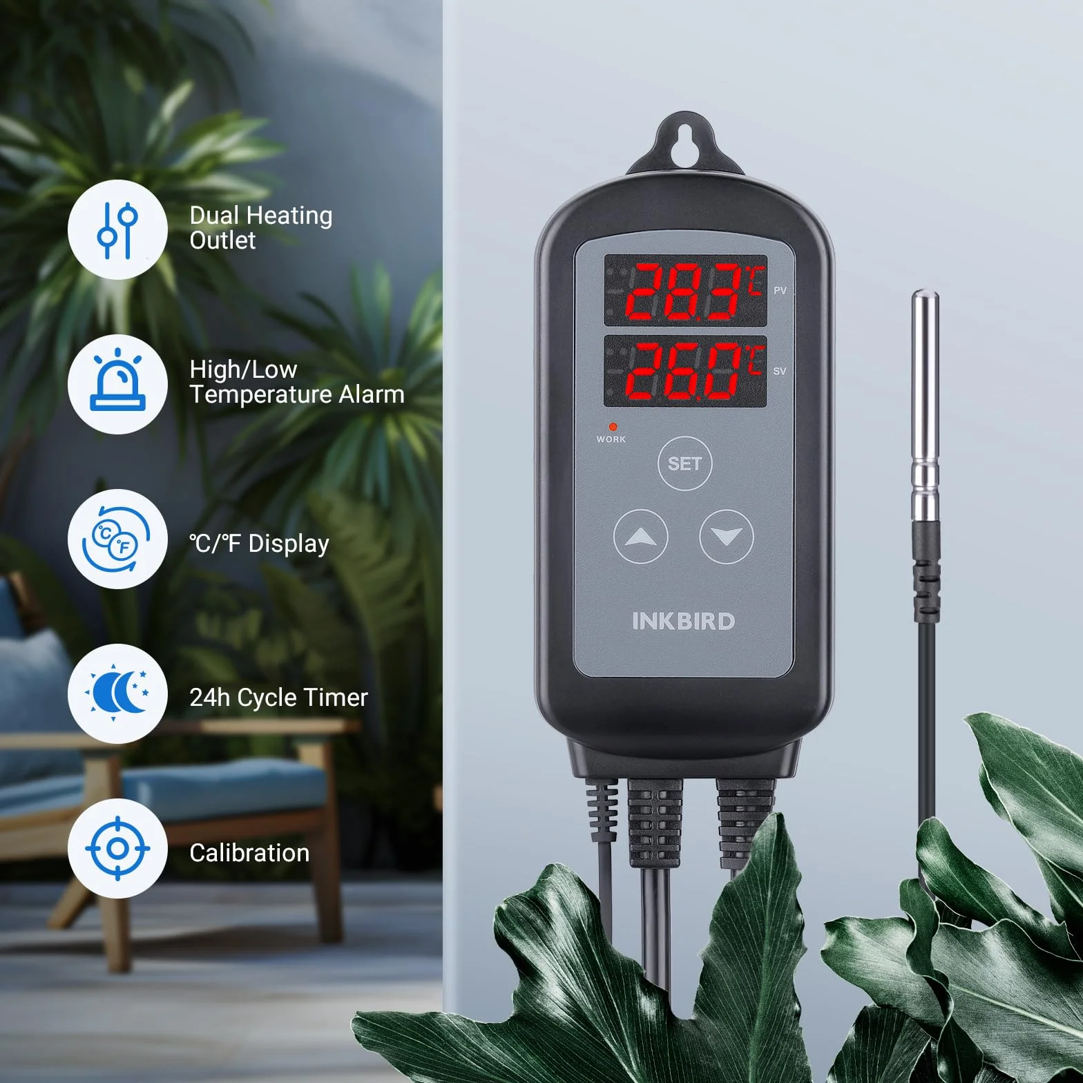 Inkbird ITC-2T termostat, cyfrowy regulator temperatury z dwoma gniazdkami grzewczymi, timer cyklu dzień/noc, funkcja alarmowa, do terrarium, szklarni, zwierząt płozonych