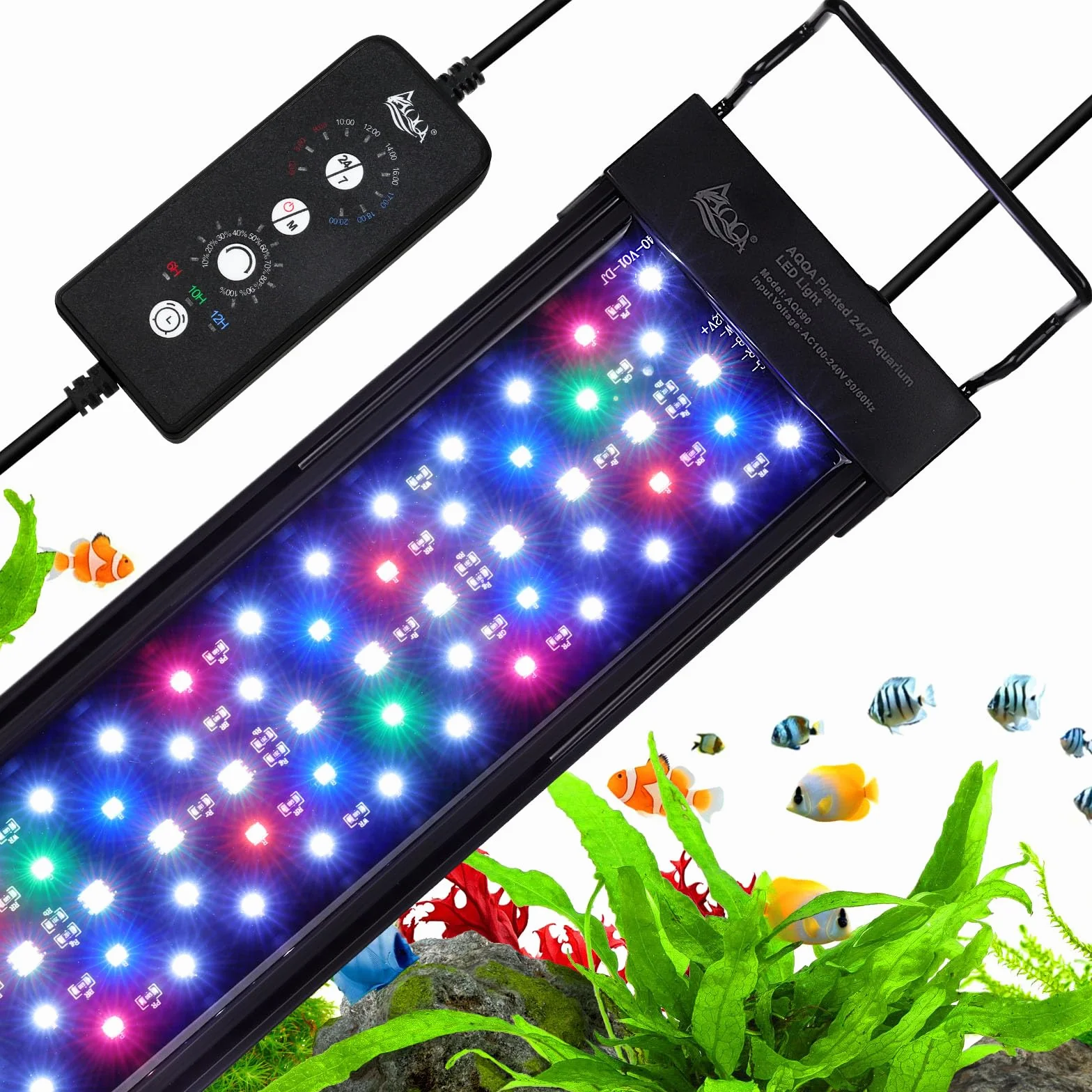 AQQA Oświetlenie LED do Akwarium, 30 W, Pełne Spektrum Światła 24/7, Regulacja Jasności, Lampa do Akwarium z Wyciąganym Uchwytem, Do Zbiornika na Ryby 80-100 cm