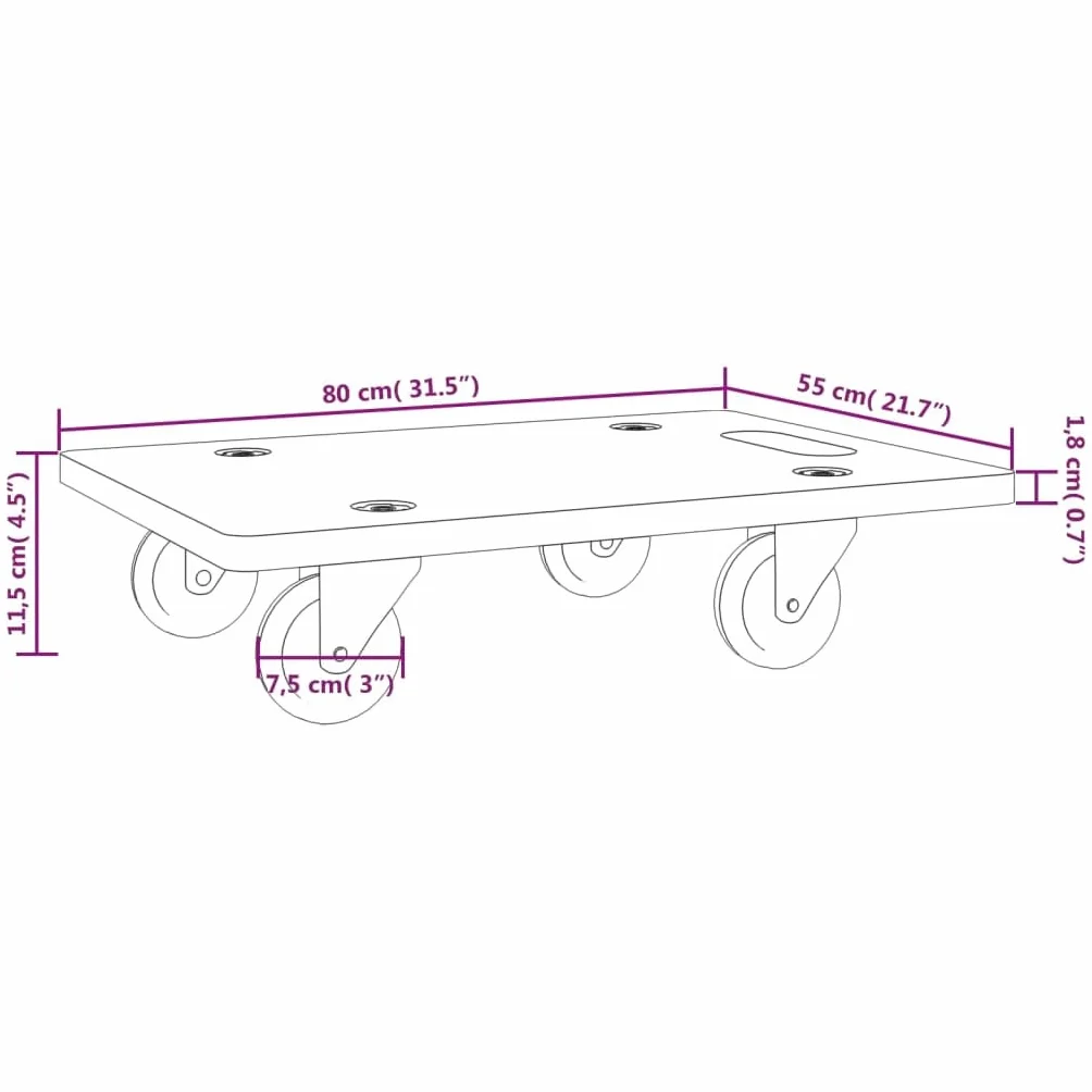 vidaXL Wózki platformowe, 2 szt., prostokątne, 80x55x11,5 cm, wózek na kółkach, wózek magazynowy, platforma na kółkach, wózek platformowy