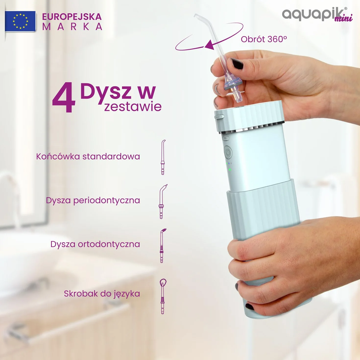 Aquapik Mini przenośny irygator dentystyczny. 3 tryby użytkowania, wodoodporny IPX7, 4 dysze w zestawie, akumulator i kompaktowy, idealny w podróży, polecany przez dentystów dla całej rodziny.