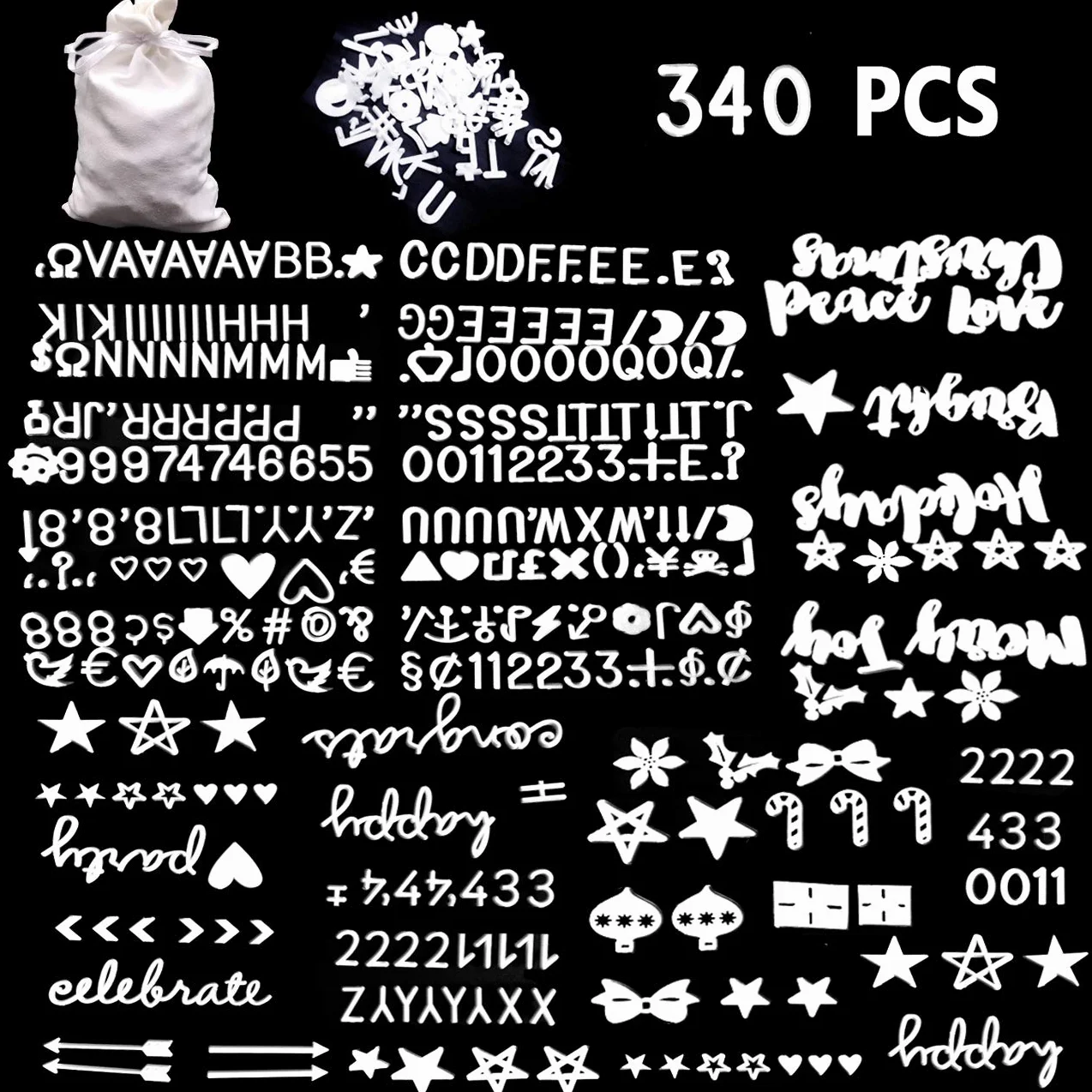 Biały zestaw liter do tablic filcowych, litery 3/10.2 cm, z cyframi i symbolami