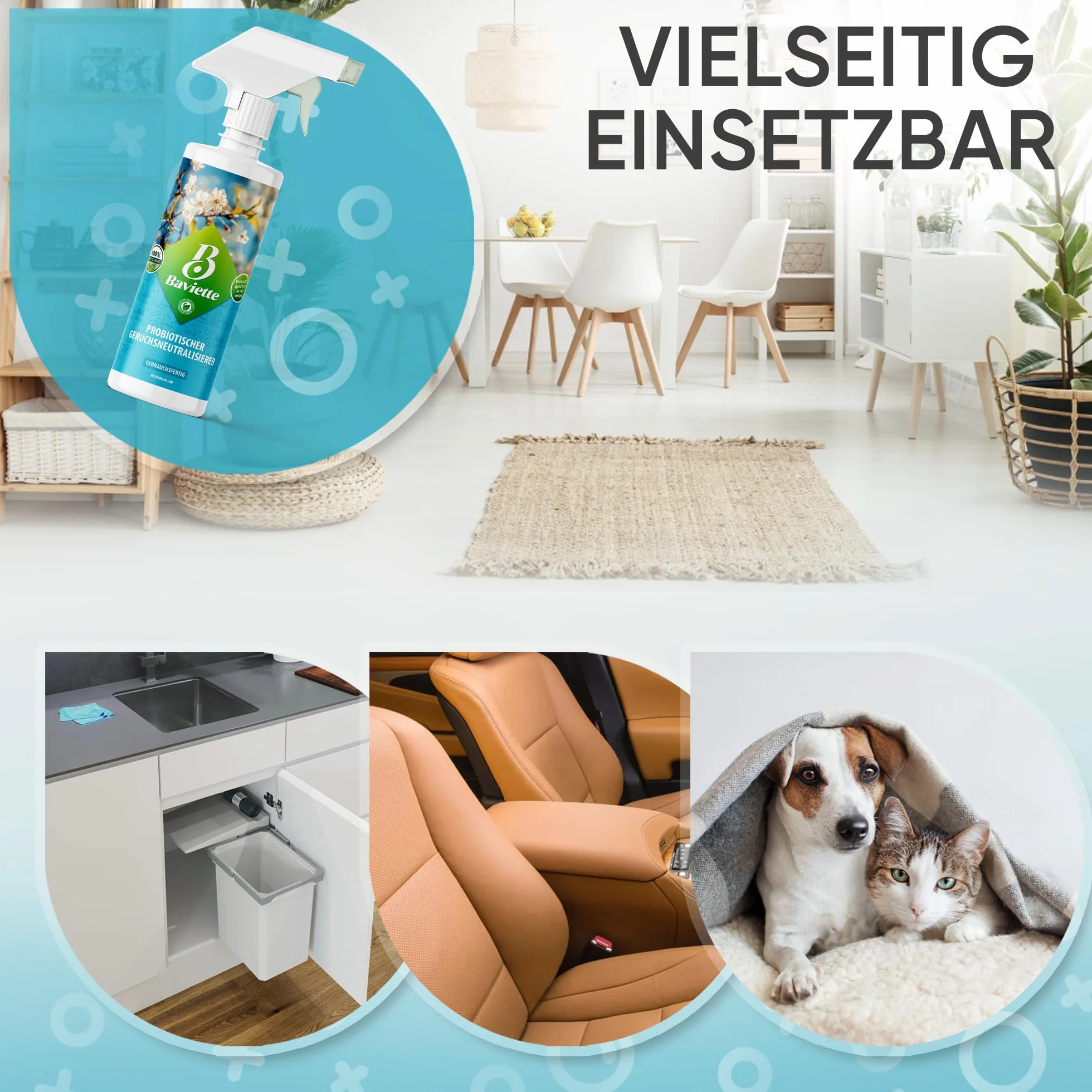 Baviette Probiotic środek do usuwania zapachów: skuteczny neutralizator zapachów uporczywych zapachów w Twoim domu do mebli, dywanów, samochodów, koszy na śmieci, zwierząt domowych, tytoniu bio (spray