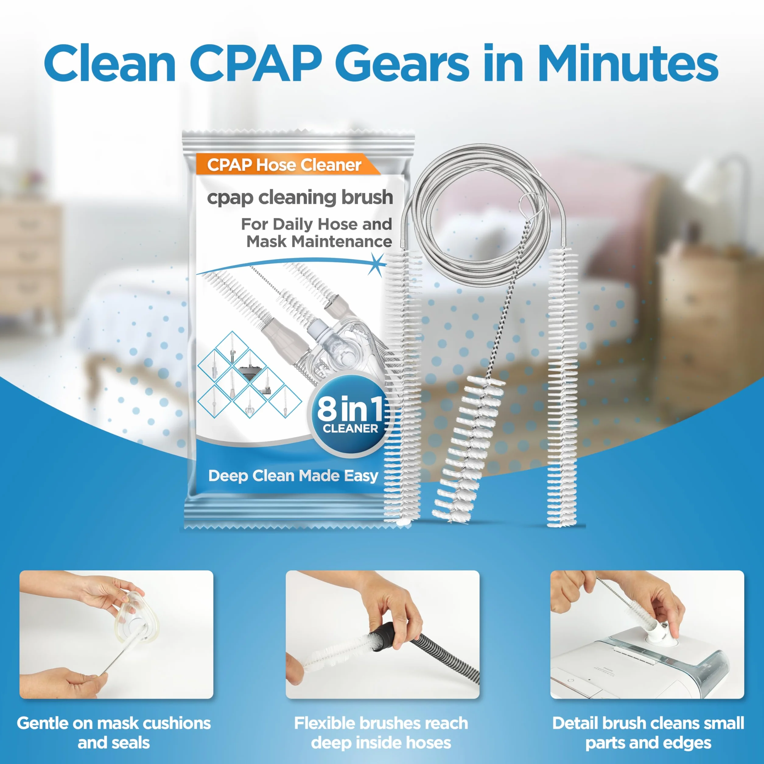 RespLabs Szczotka do rur CPAP. System 8 w 1 - Pasuje do Wszystkich Typów Węży CPAP - Skuteczne Czyszczenie, Srodki Higieny, Optymalna Terapia CPAP.