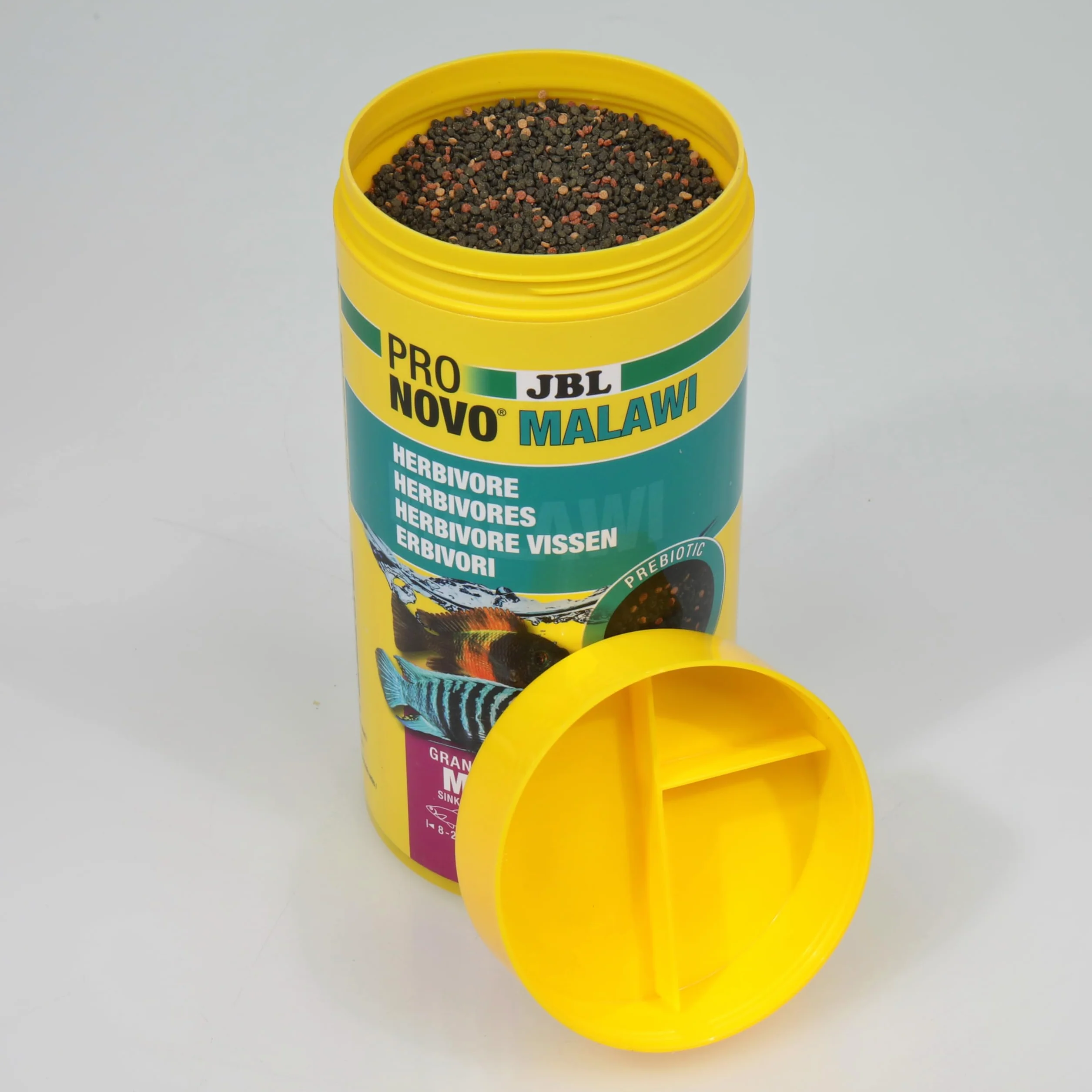 JBL PRONOVO MALAWI GRANO, główny pokarm dla wszystkich pielęgnic 8-20 cm, dozownik na klik, granulat do karmy dla ryb, rozmiar M, 250 ml