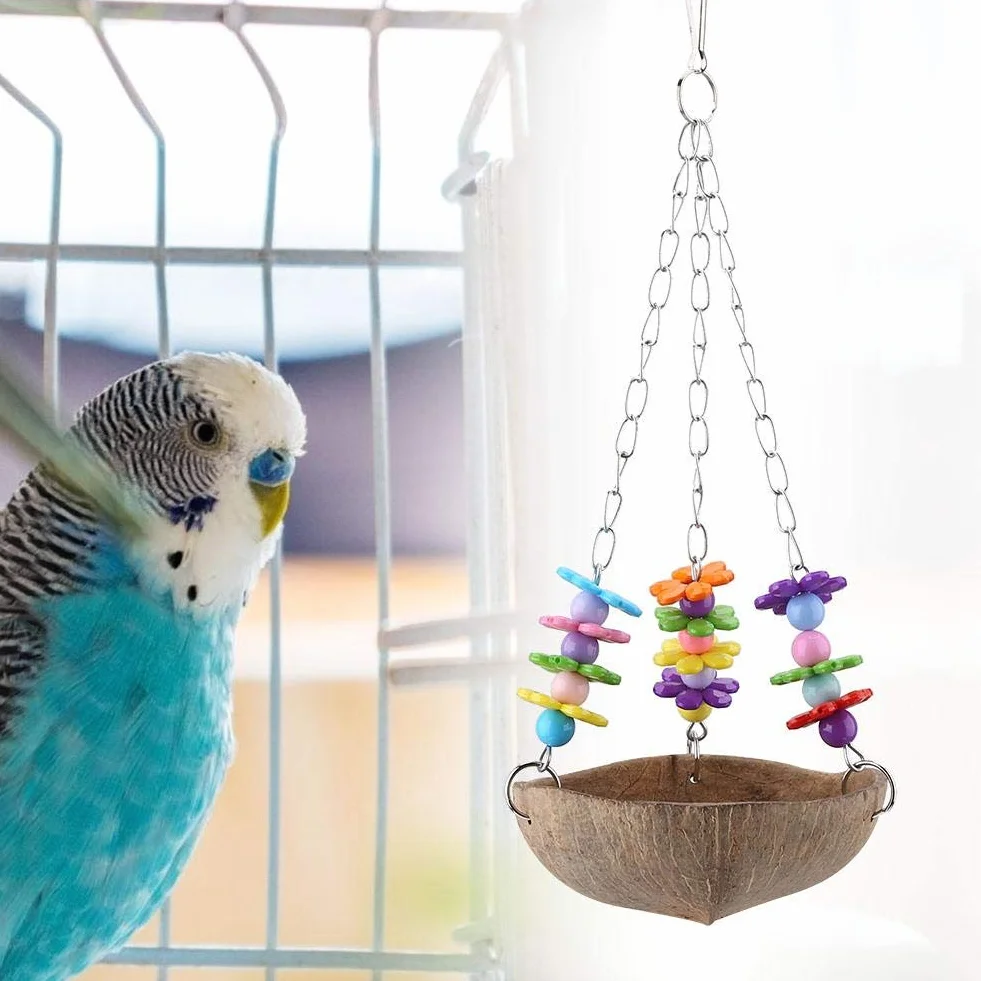 Huśtawka z Drutu Gniazdo z Łupin Orzecha Kokosowego dla Papug Ara Amazonka Nimfa Lovebird