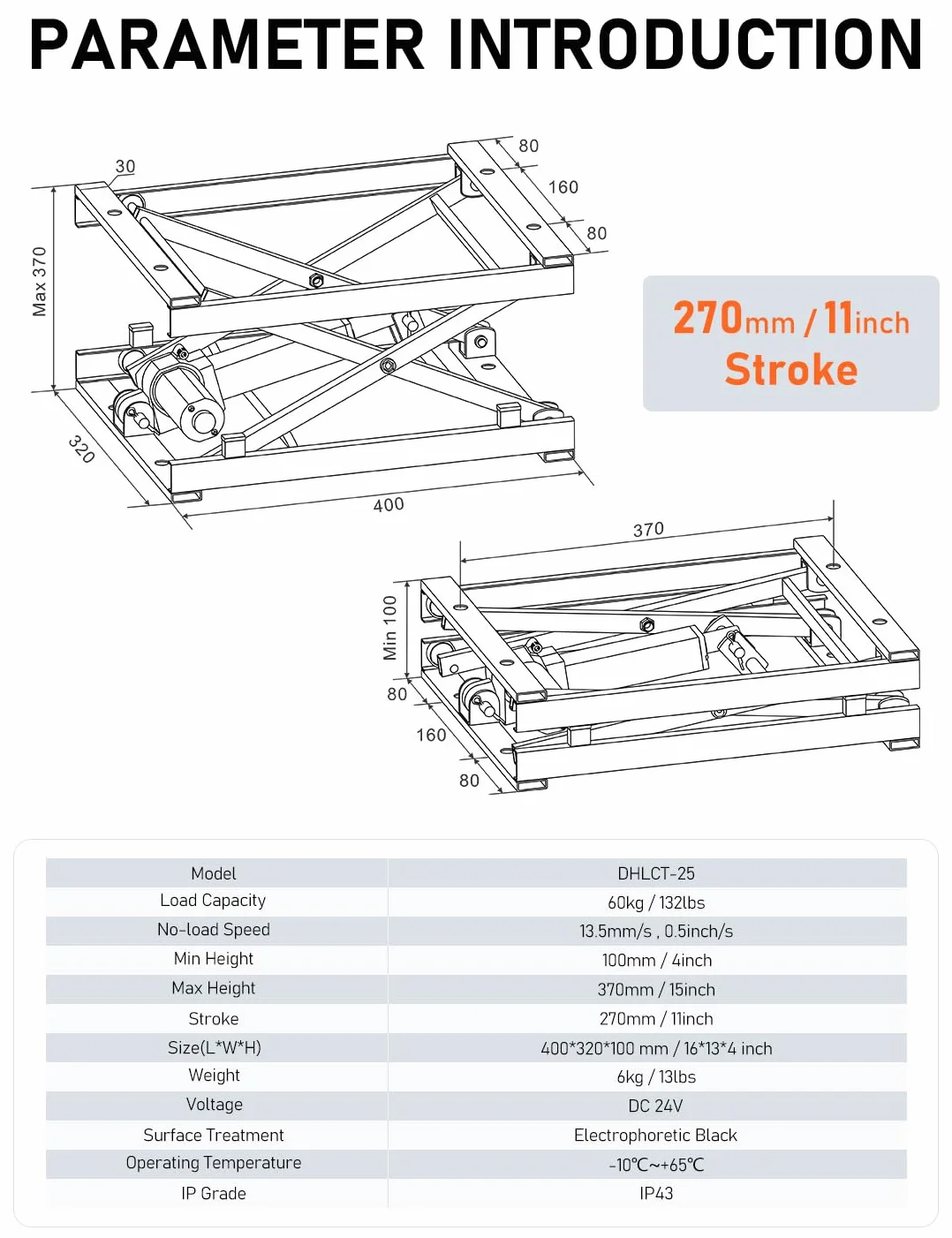 DIHOOL Stół podnoszenia nożycowego Elektryczny podnośnik nożycowy kfz lift DIY stół podnoszenia (60kg nożycowości, 270mm wysokość podnoszenia)