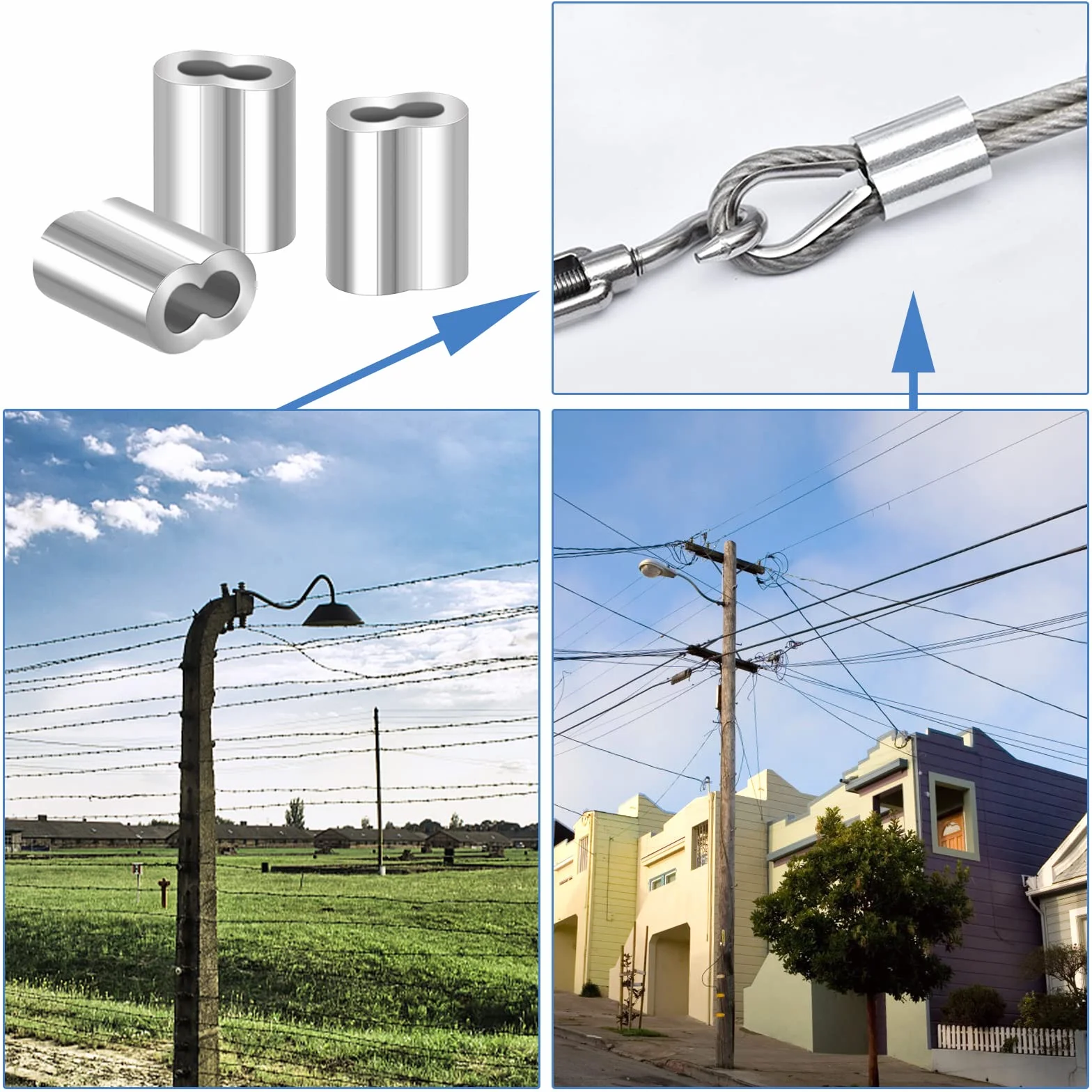 200 sztuk aluminiowych klipsów, aluminiowy zacisk do liny drucianej, podwójny otwór, zacisk do liny stalowej, 2 mm, aluminiowa pętla zaciskowa do liny stalowej i kabla, srebrzyste