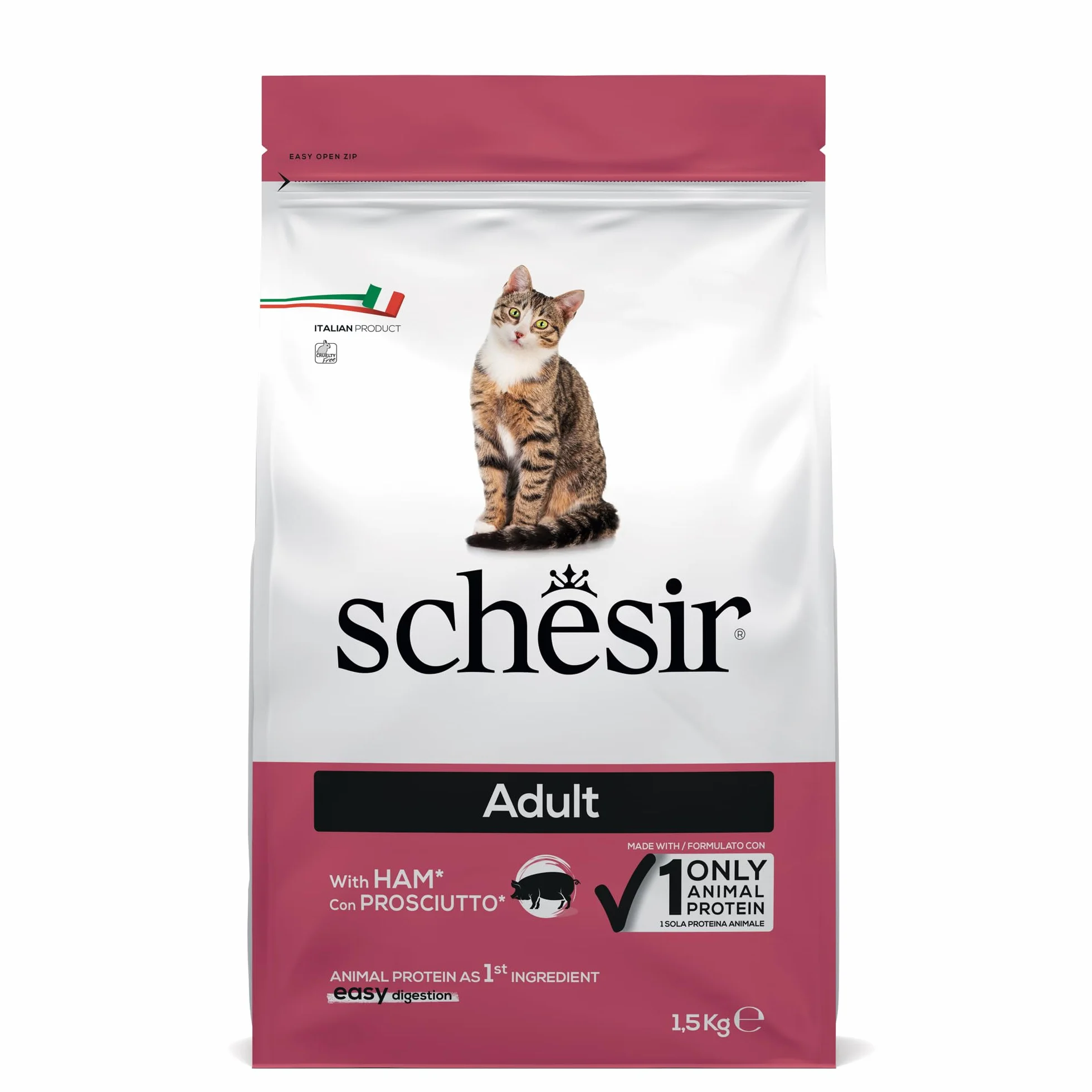 Schesir, Suche jedzenie dla kotów dorosłych Linia Utrzymanie smaku szynki, krokiety - rozmiar worka 1,5 kg.