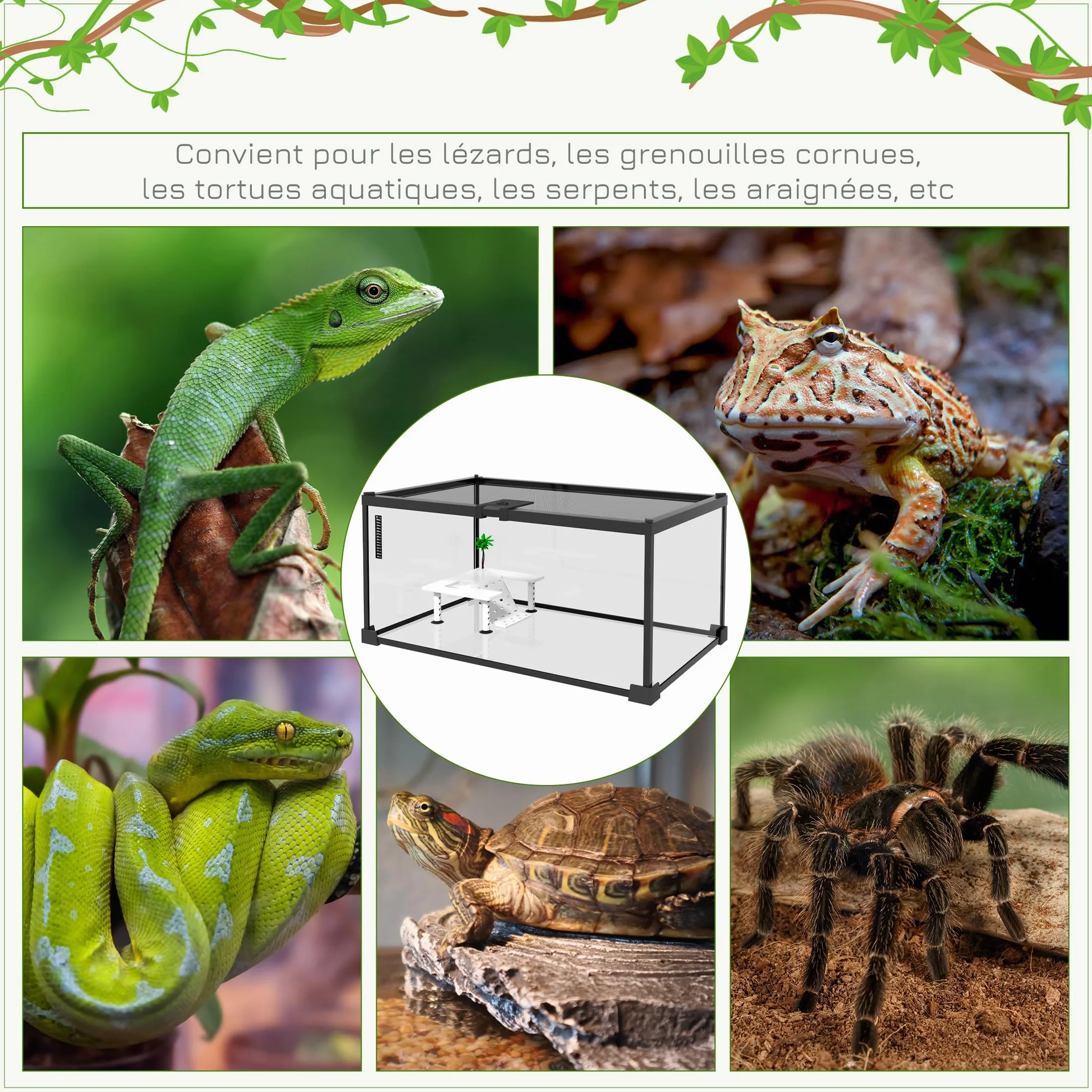 PawHut Pojemnik na gady Akwarium Żółwie Terrarium Siedlisko Przesuwne Siatka metalowa termometr, platforma z rampą, ozdobne palmy kokosowe i karmnik w zestawie szkło metalowe