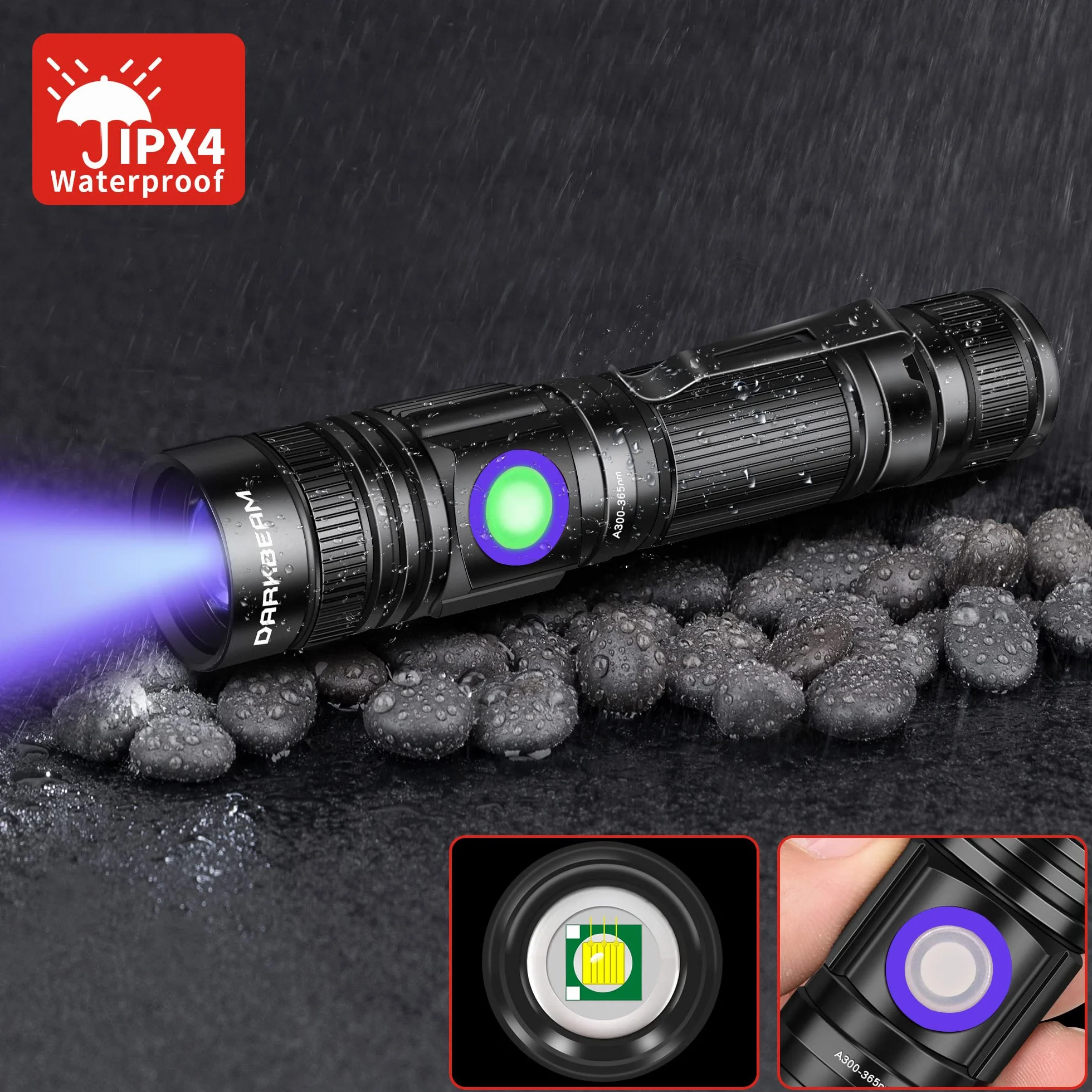 DARKBEAM Latarka UV 365 nm i 395 nm Blacklight ładowalna USB, lampa Wooda, ultrafioletowe czarne światło LED, przenośna, wykrywacz moczu zwierząt domowych, kotów, plam, utwardzania żywicy, szkła