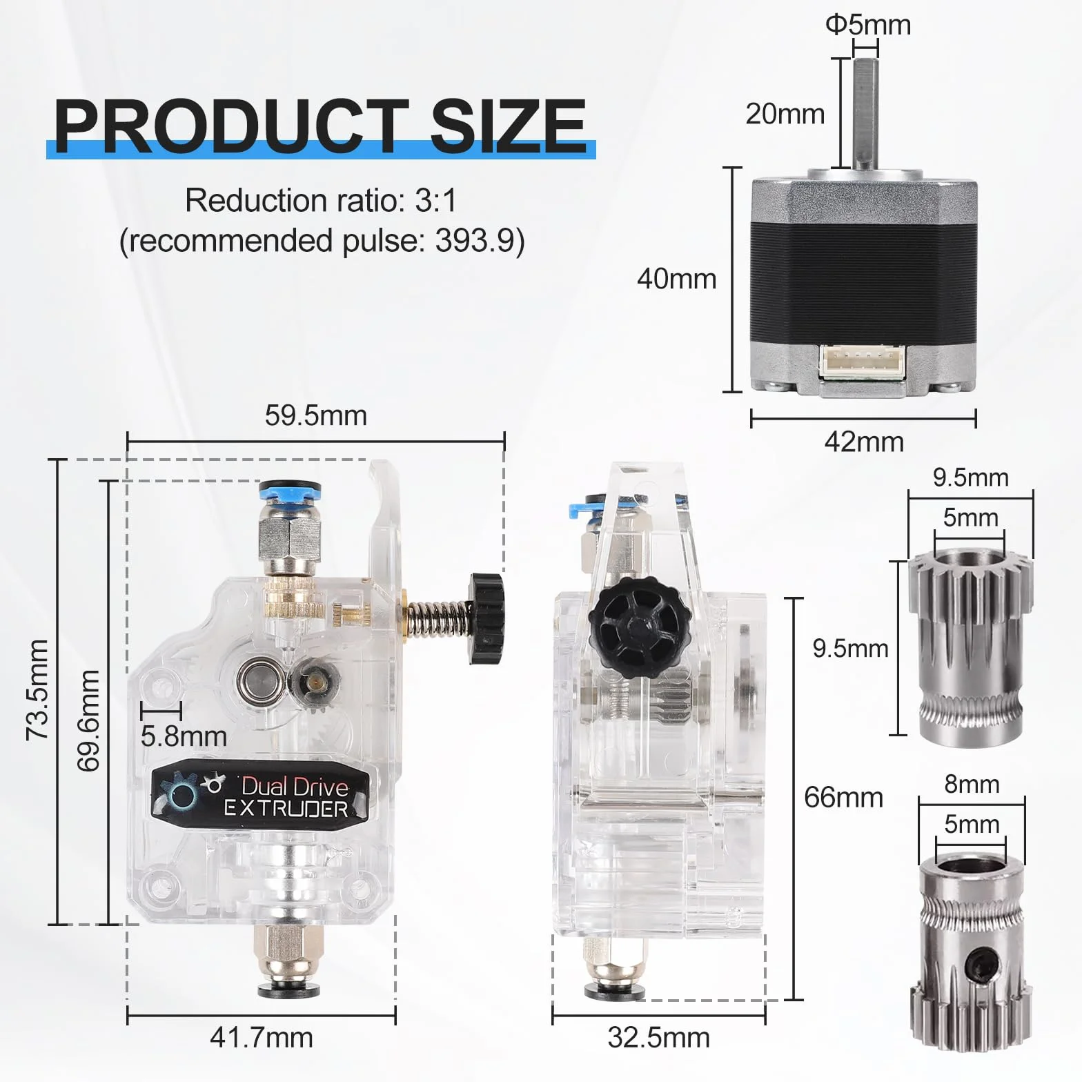 EFUTURETIME Dual Gear Bowden wytłaczarka przezroczysta zestaw z silnikiem krokowym Nema 17, 2 fazy, 4 przewody, 1,8 stopnia, do drukarki 3D Anycubic Tevo Tornado CR10, do drukarki 3D 1,75 mm, PLA, ABS