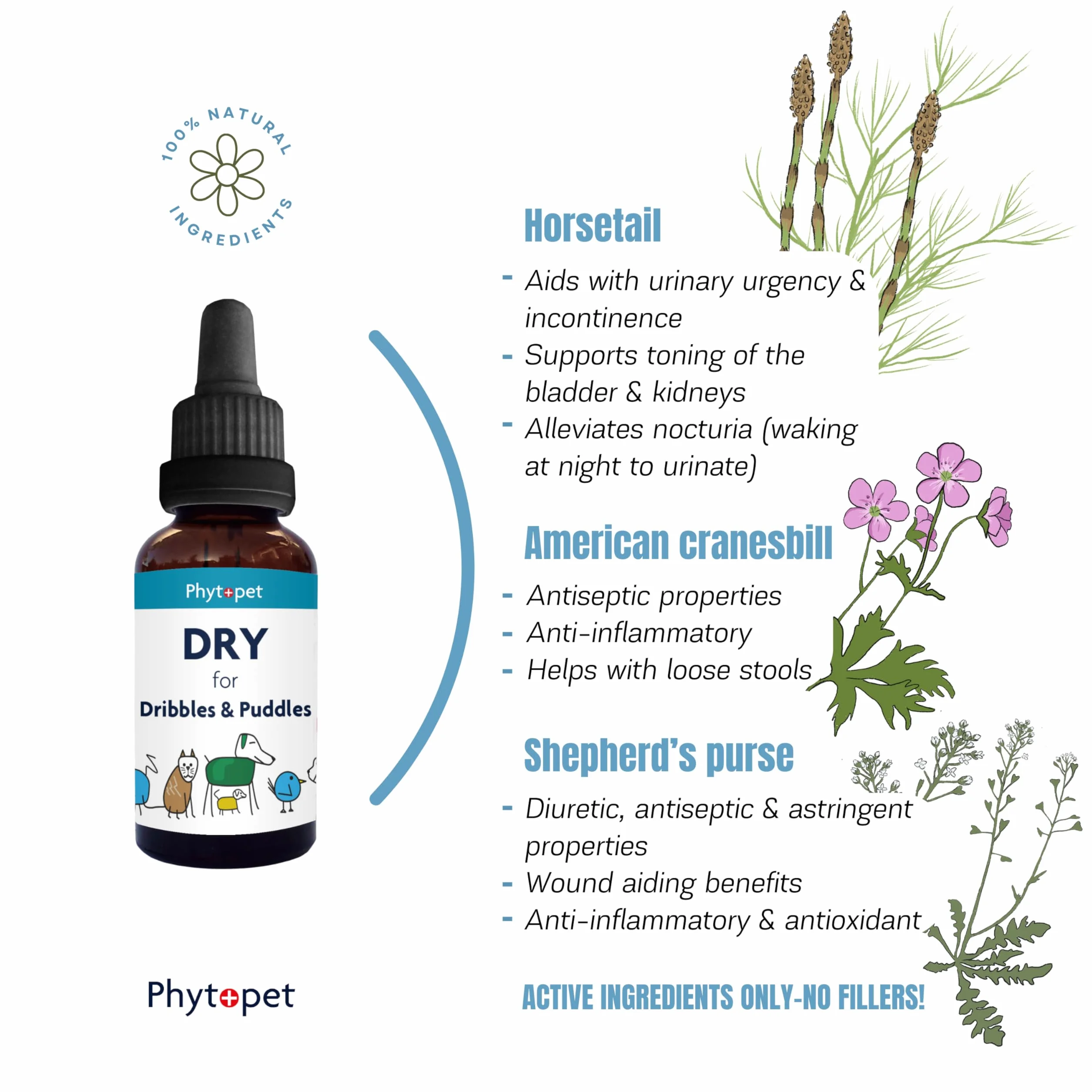 Phytopet Suchy | 30 ml | 100% naturalny środek ziołowy | kapie, kałuże i nietrzymanie moczu | dla psów, kotów, ptaków, koni, zwierząt domowych |