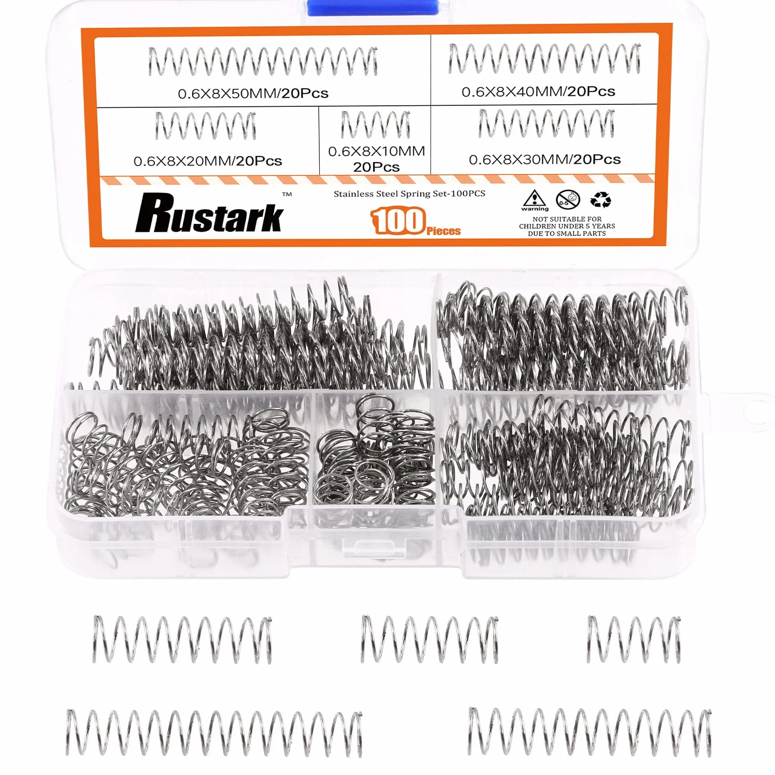 100 Stück Kompressionsfedern Sortiment Kit Mini Edelstahl Federn 0,6 WD 8 mm OD 10-50 mm LL8