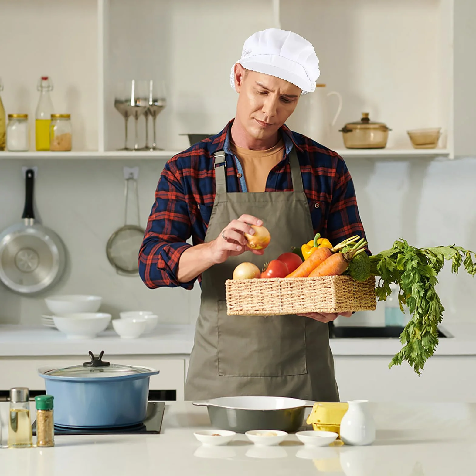 Lusofie 2 sztuki czapka kucharska kuchnia piekarz gotowanie okap kuchenny czarny biały Food Service siatka na włosy kuchnia kobiety mężczyźni z rondem, biały, jeden rozmiar