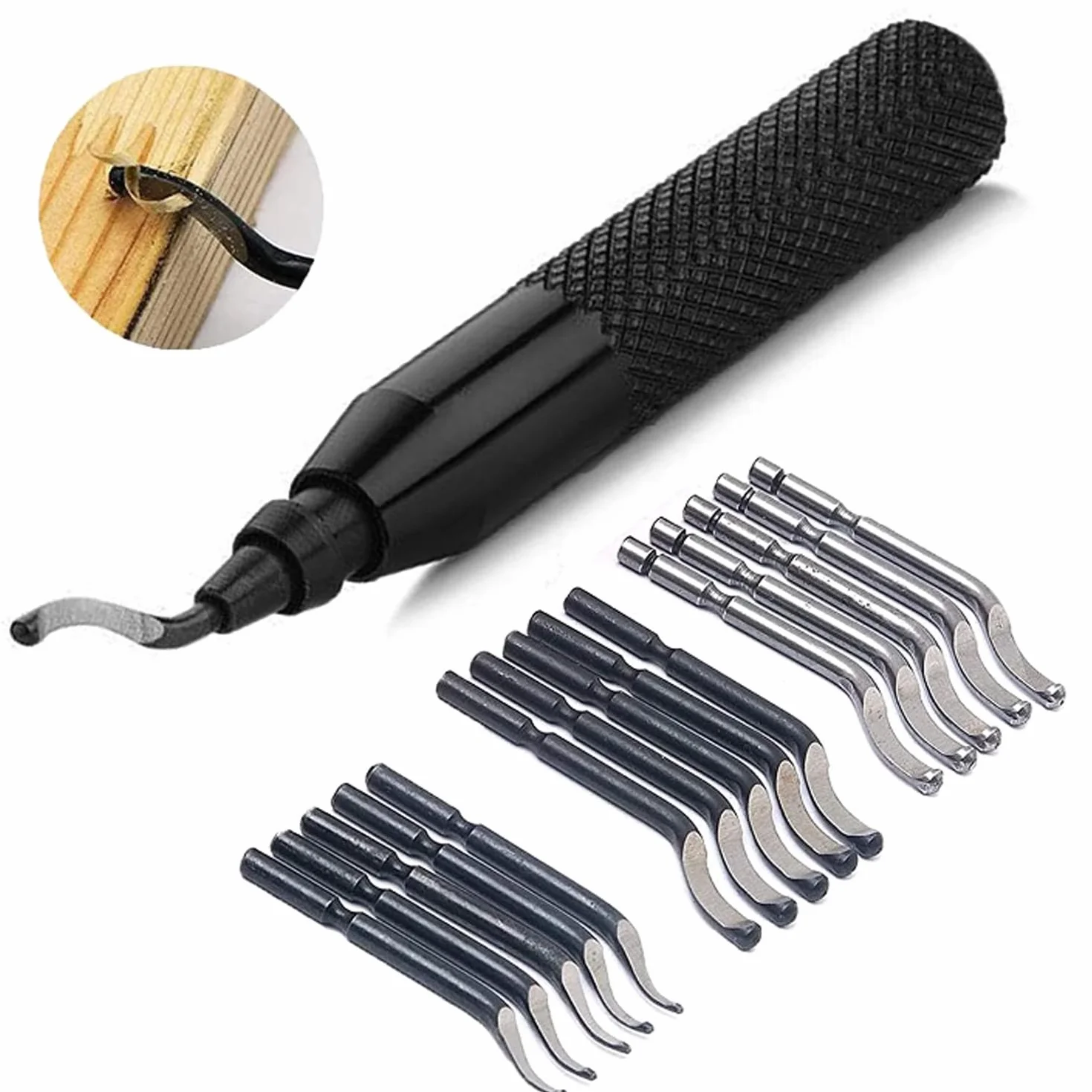 SENENQU Uniwersalne narzędzie do usuwania zadziorów z 15 zapasowymi ostrzami, aluminiowym uchwytem, obrotowym o 360°, metalowe ostrze do drukarki 3D, tworzywo sztuczne, aluminium i stal nierdzewna