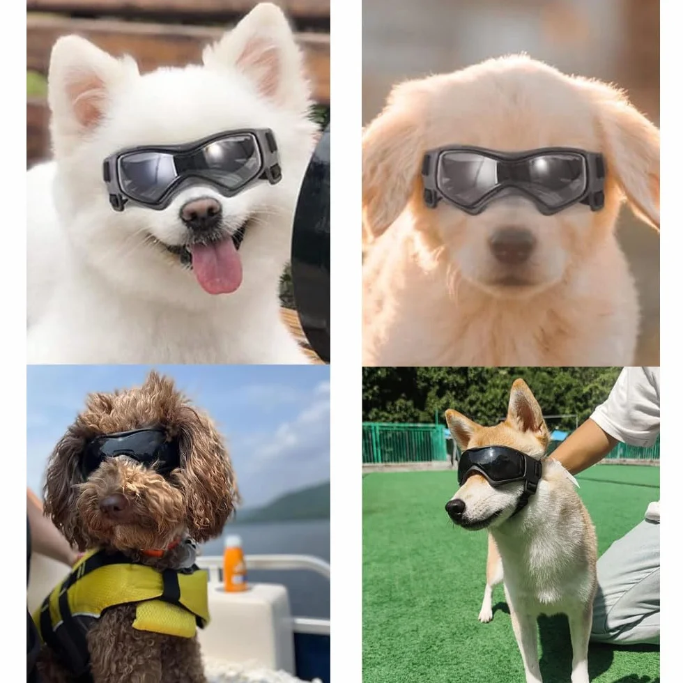 Voarge Okulary przeciwsłoneczne dla psów, okulary ochronne UV, okulary przeciwsłoneczne z regulowaną gumową taśmą, wiatroszczelne okulary motocyklowe dla psów, czarne, S