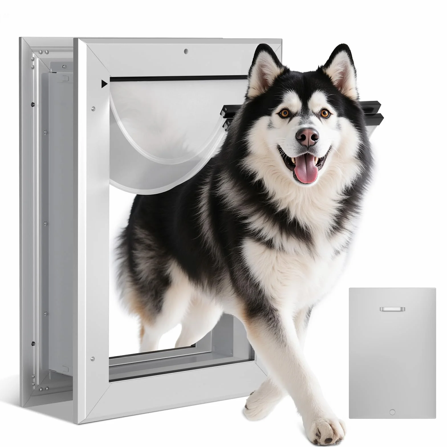 Ownpet Ekstremalna pogoda, energooszczędne aluminiowe drzwi dla zwierząt domowych z przesuwnym panelem zamka, zamykane drzwi dla psa na ścianę o grubości do 18,5 cm, podwójne klapy izolacyjne, duże