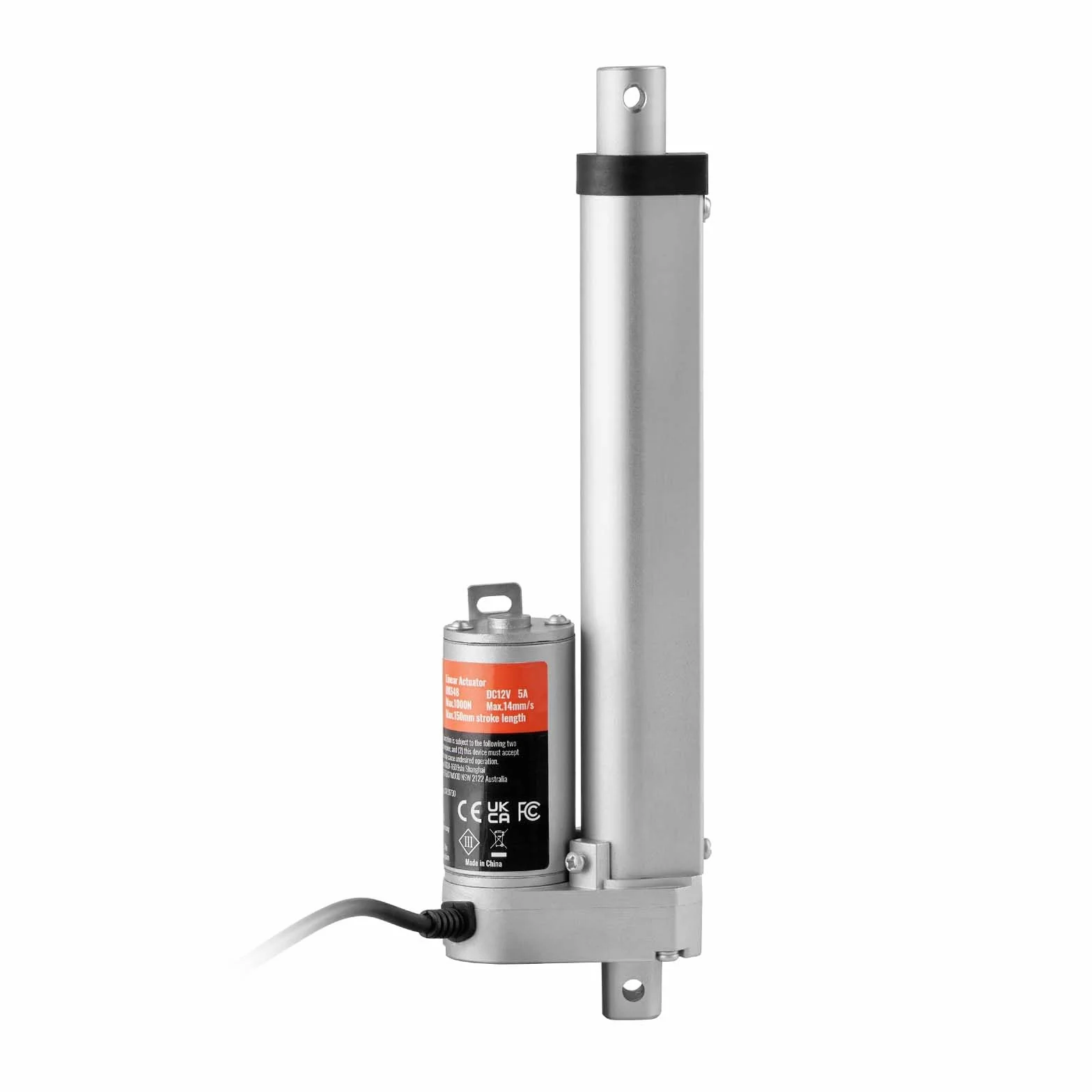 VEVOR Napęd liniowy 1000 N DC 12 V napęd liniowy IP54, elektryczny silnik liniowy 150 mm, długość skoku 150 mm, poziom hałasu ≤ 50 dB, elektryczny otwieracz drzwi 14 mm/s, prędkość jazdy, technika