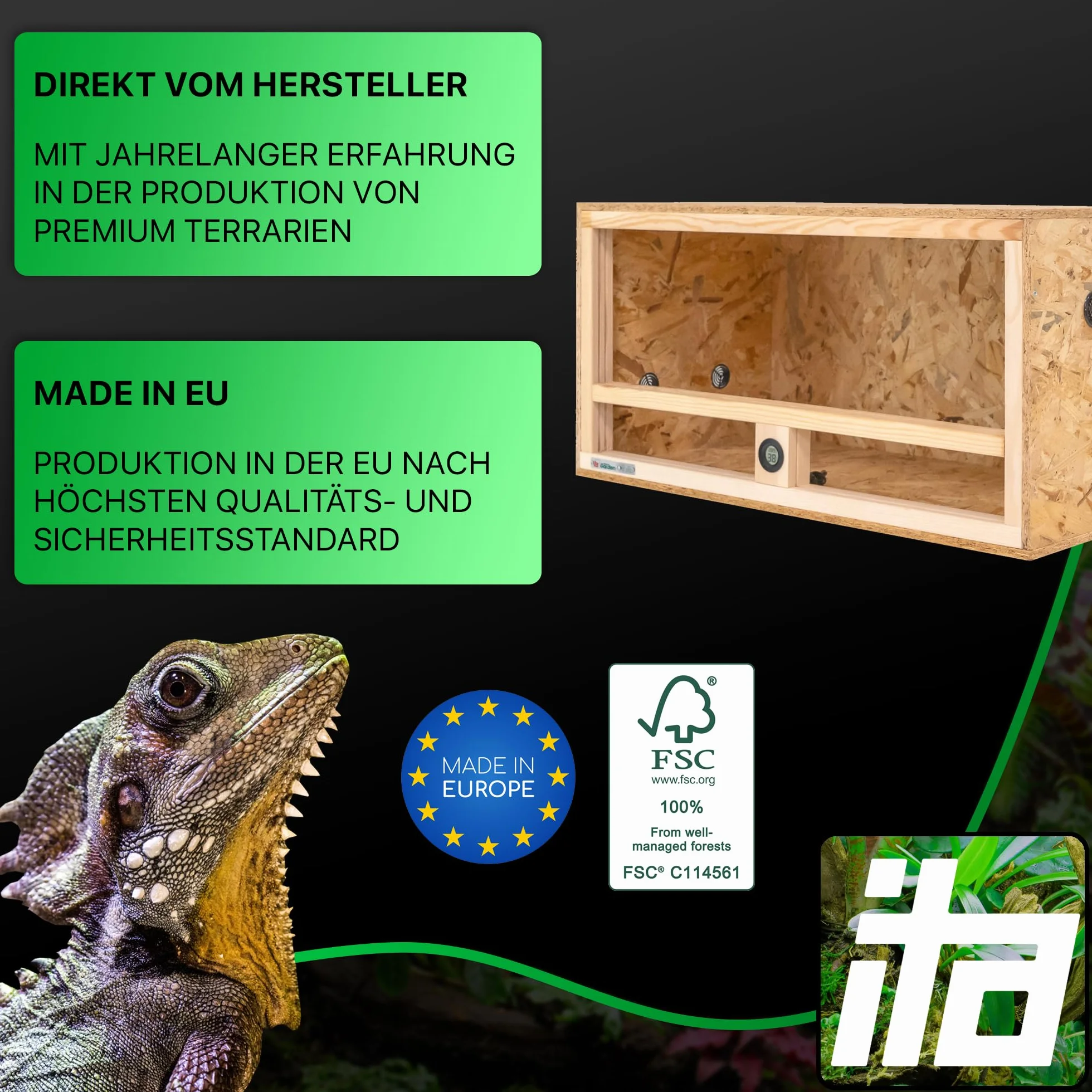 Terrarium z drewna 80x40x40 cm z wentylacją boczną i wbudowanym higrometrem, terrarium z drewna OSB3, dla gadów, węży, płazów, produkt UE, certyfikat FSC