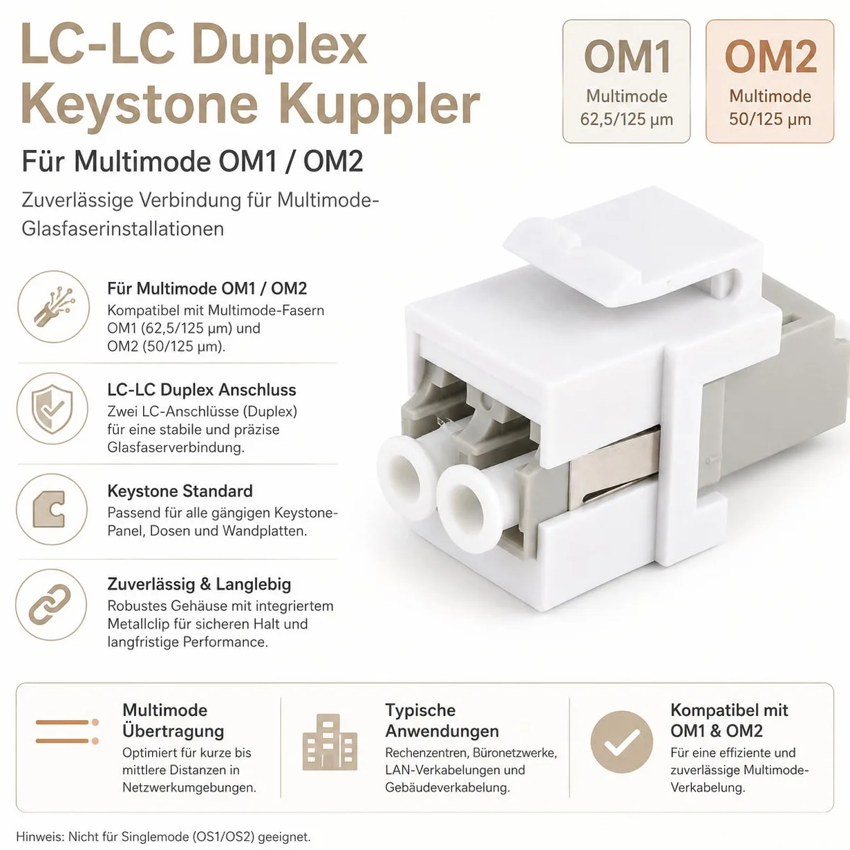 1aTTack.de 3x LWL Keystone łącznik OM1 lub OM2 (UPC lub PC) LC Duplex gniazdo na gniazdo LC Duplex Multimode beżowy