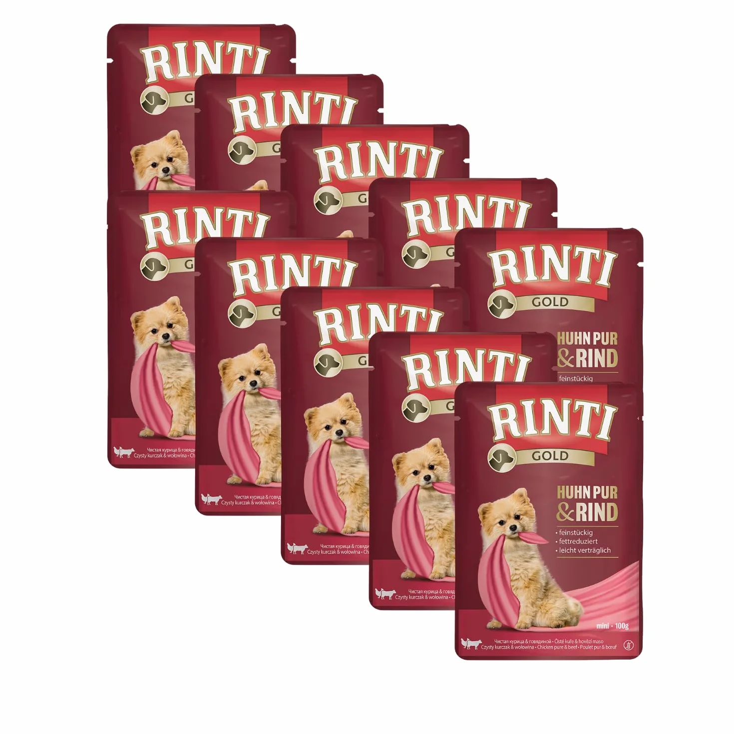 Rinti Gold Mini kurczak Pur i wołowina, 10 x 100 g, pełnoporcjowa karma dla dorosłych małych psów, wyłącznie dla wrażliwych psów w przypadku alergii, w woreczku świeżości