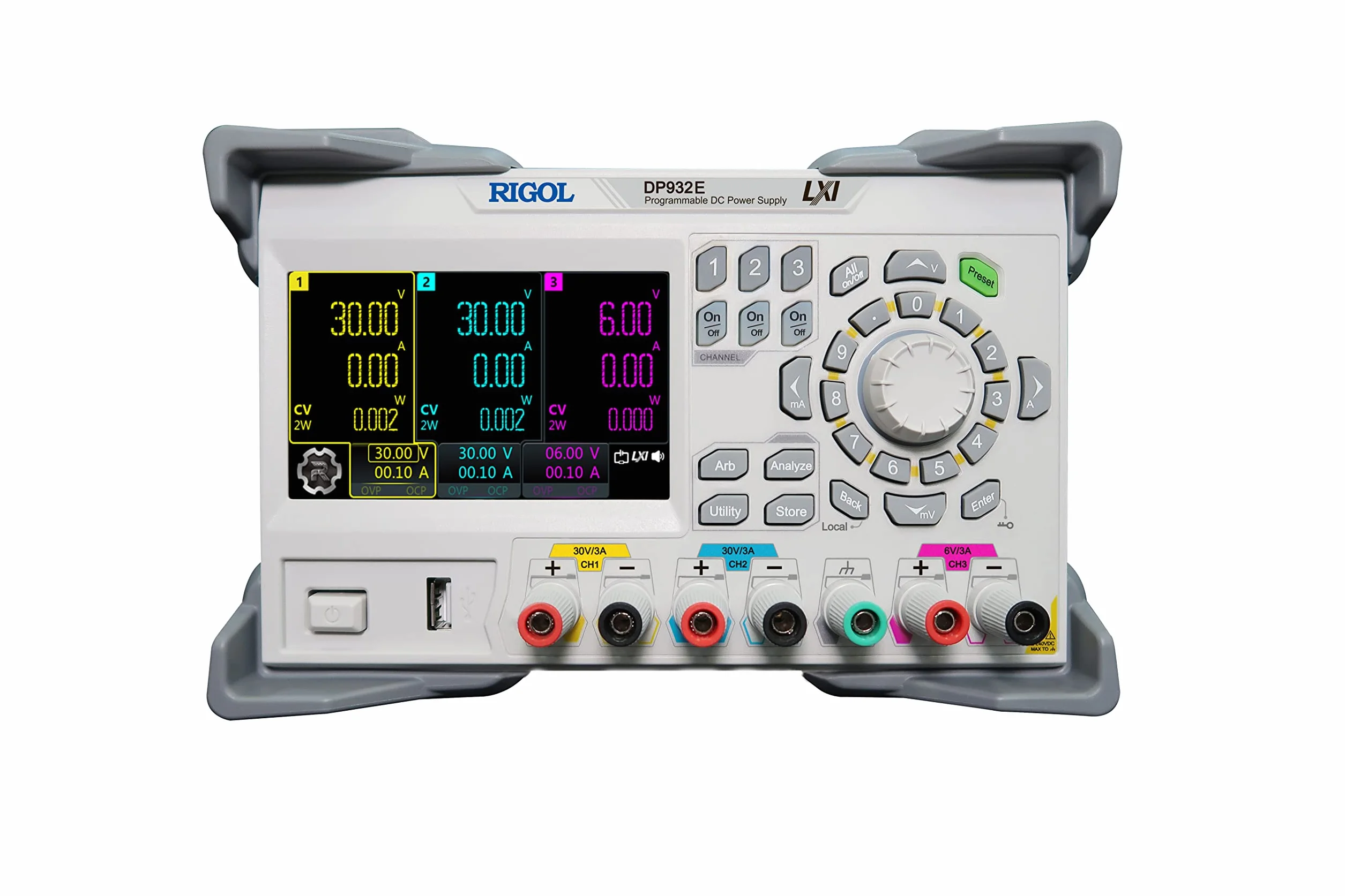 RIGOL Zasilacz laboratoryjny,DP932E Regulowany Zasilacze Laboratoryjne,3 kanały,30V/3A||30V/3A||6V/3A,Rozdzielczość 10mV/10mA,Automatyczne połączenia szeregowe/równoległe
