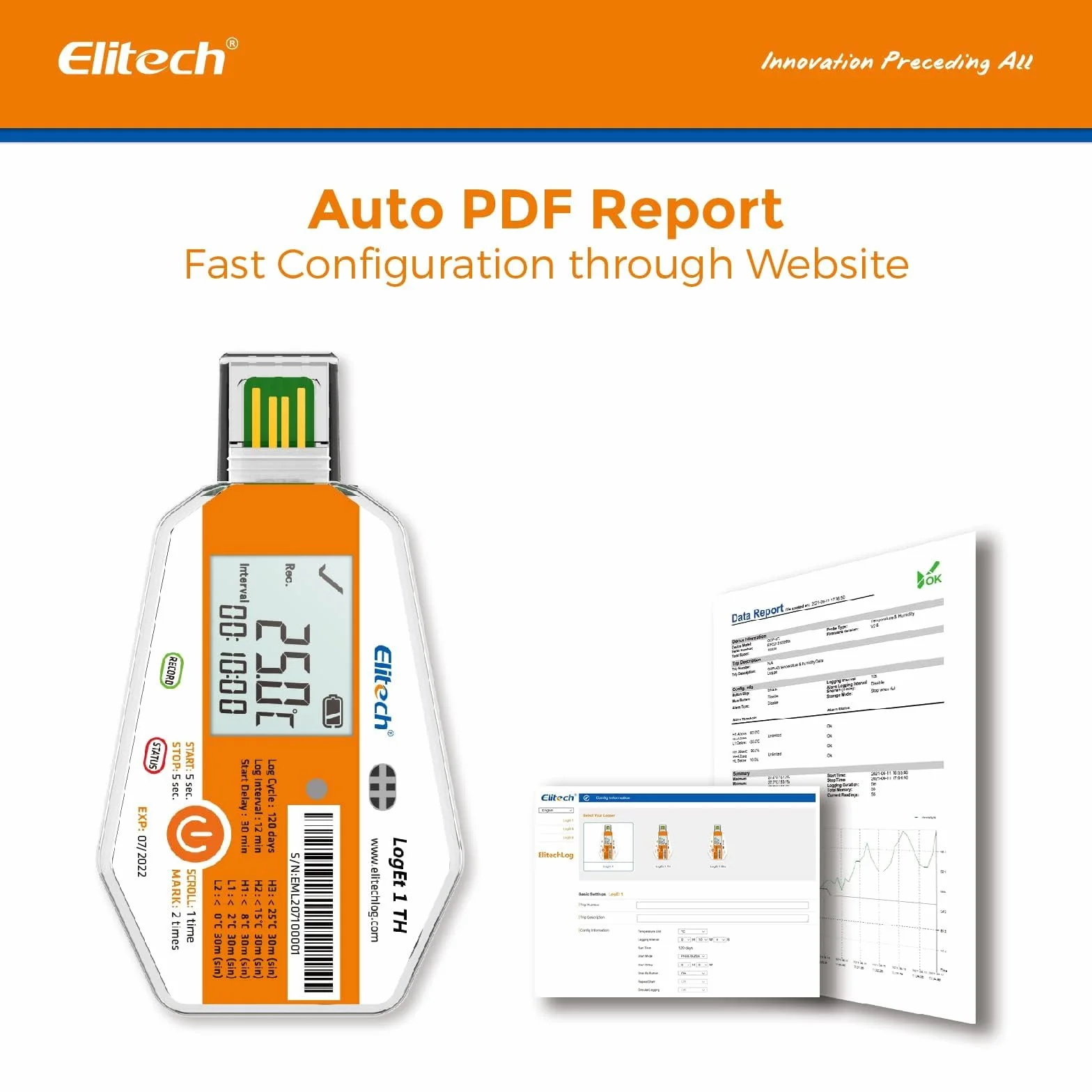 Elitech LogEt 1 rejestrator danych temperatury jednorazowego użytku raport PDF USB 16000 punktów