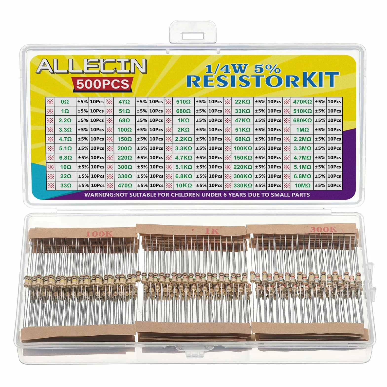 Rezystory z folii węglowej 1/4W 0 Ohm do 10M Ohm ±5% Zestaw 50 sztuk