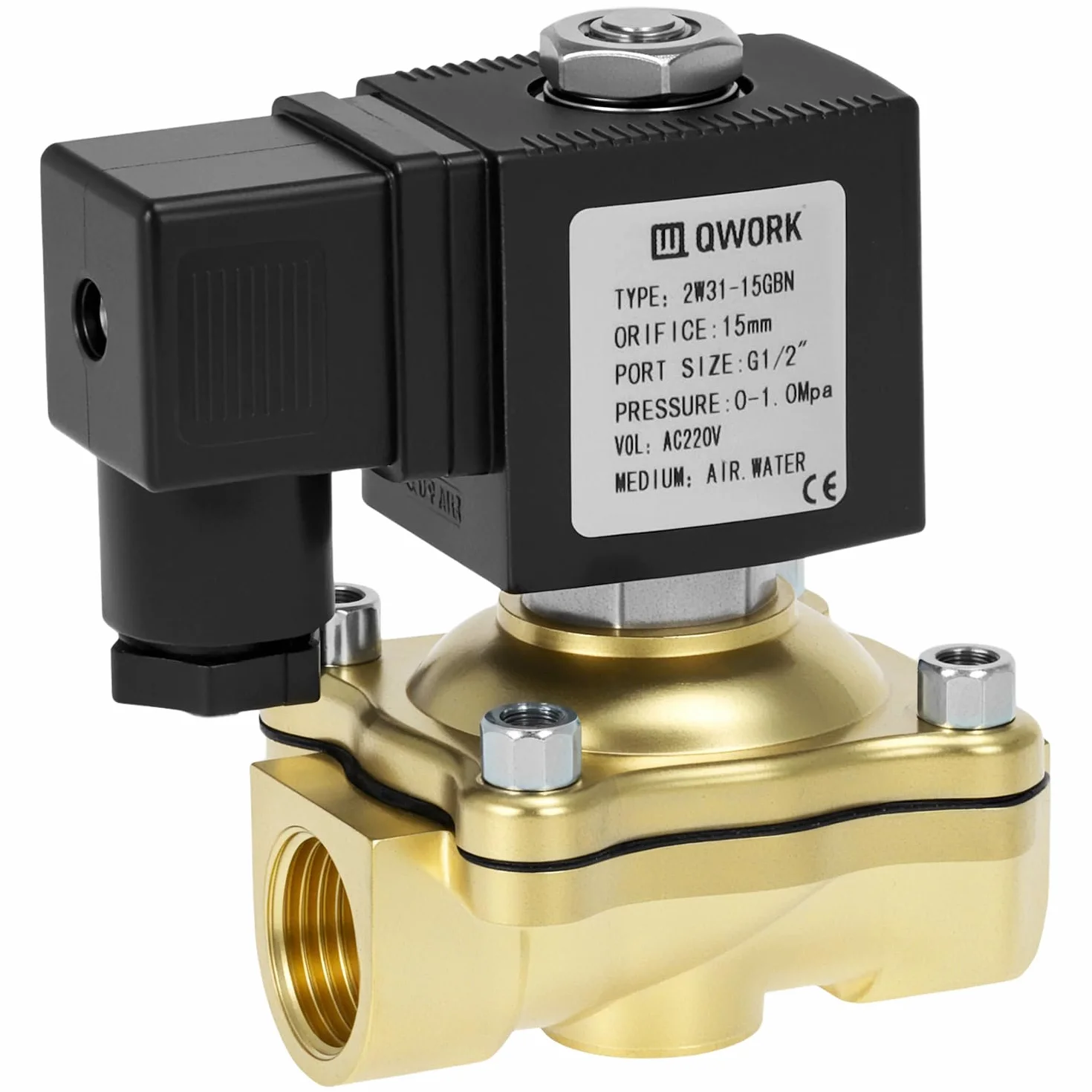 QWORK® Zawór elektromagnetyczny z mosiądzu, G1/2" 220V AC normalnie zamknięty zawór elektromagnetyczny, do wody, powietrza i oleju