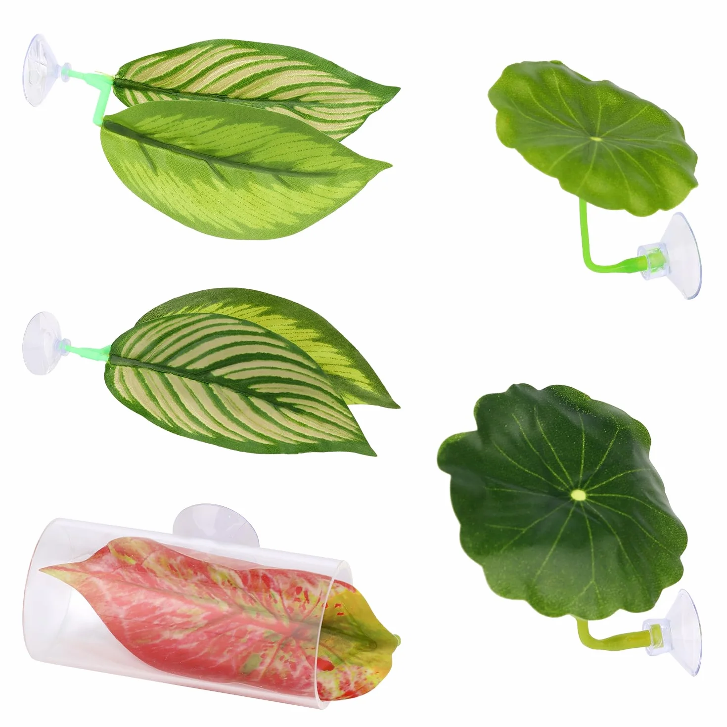 BOXOB 5szt Zestaw Hamaków Betta, Plastikowy Regulowany Hamak Betta Leaf z Przyssawką i Przezroczystym Tunelem Rurowym Zabawki dla Ryb Beta Kryjówka Akwarium Dekoracje i Akcesoria do Akwarium Beta