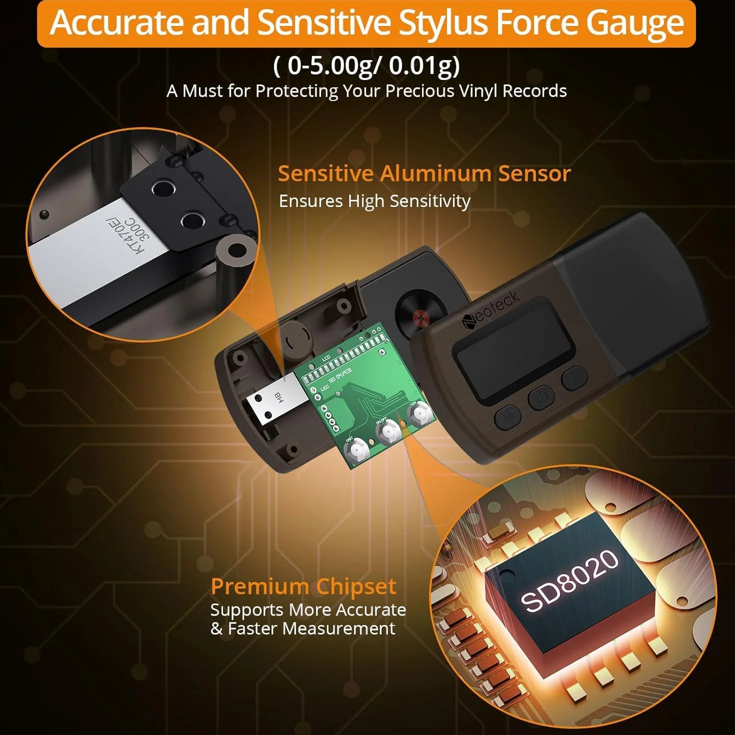 Neoteck Cyfrowy gramofon Stylus Force Scale Gauge 0,01 g/5,00 g z niebieskim podświetleniem LCD i kalibracją 5 g