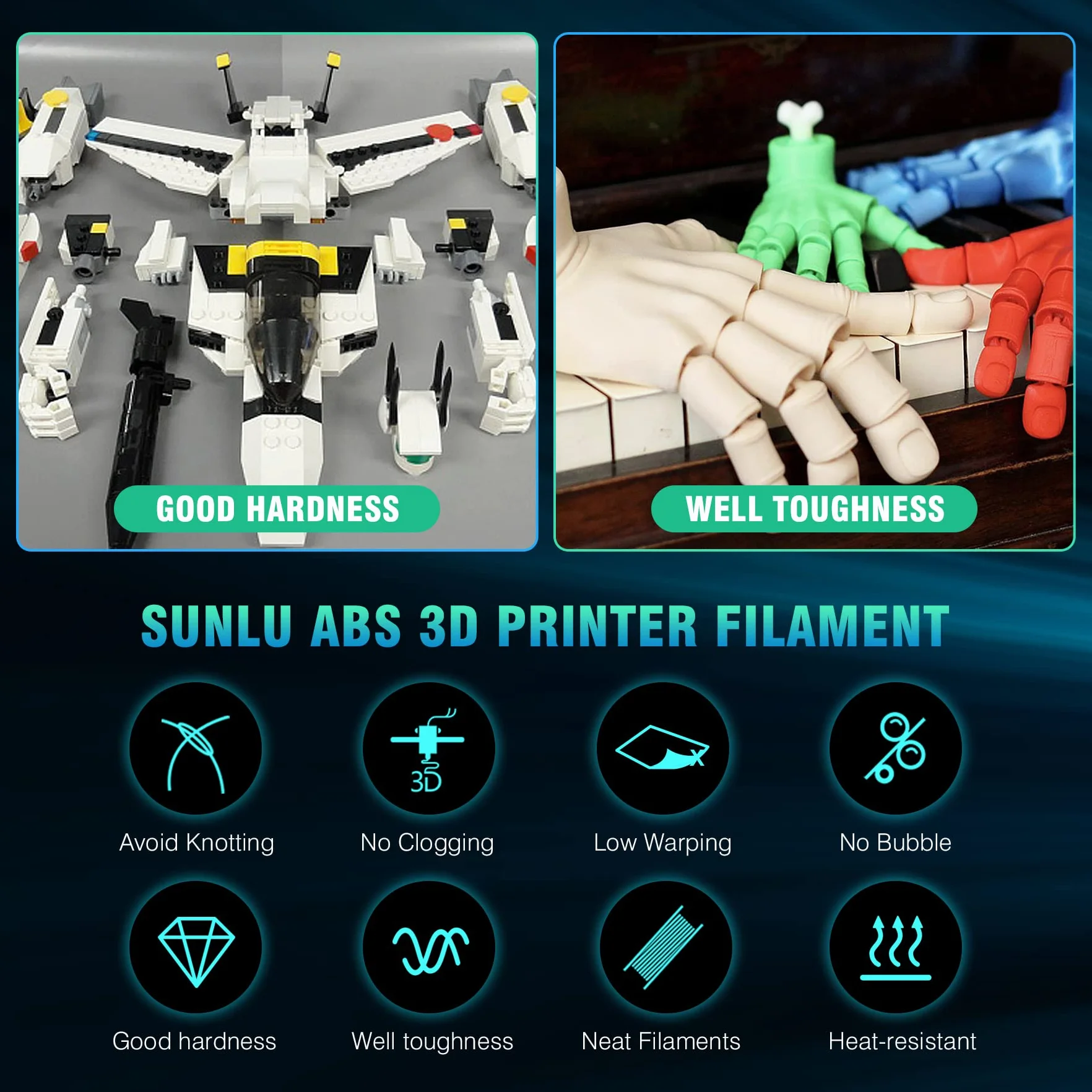 SUNLU ABS Filament 1.75mm Pakiet, Filament do drukarki 3D 1 kg*2, ABS o wysokiej odporności na ciepło 1,75 mm do funkcjonalnego drukowania 3D, 1kg na Szpulę, 2 Rolki, Czarny+Czarny