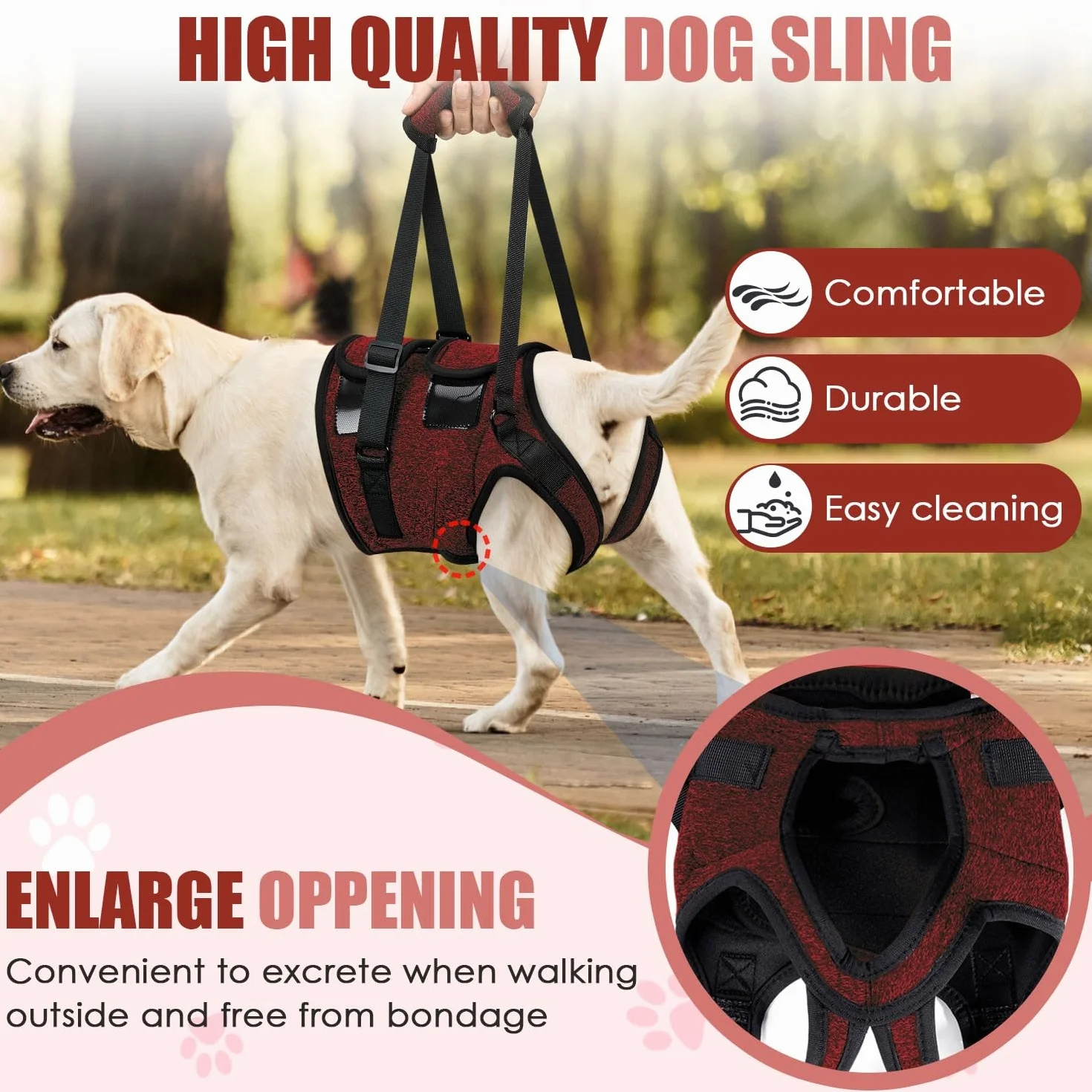 SlowTon Hind Leg Support Harness Sling dla średnich psów - wygodna regulowana uprząż do podnoszenia psa dla osób starszych z niepełnosprawnością artretyzmu (czerwona, XL)