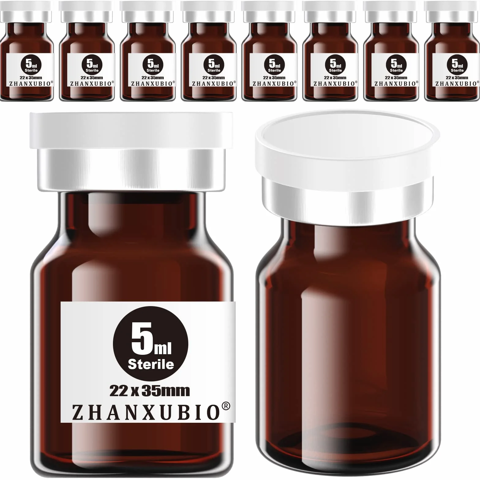 Sterylne puste fiolki 5 ml bursztyn z portem wtryskowym i aluminiową plastikową nasadką 10 szt.