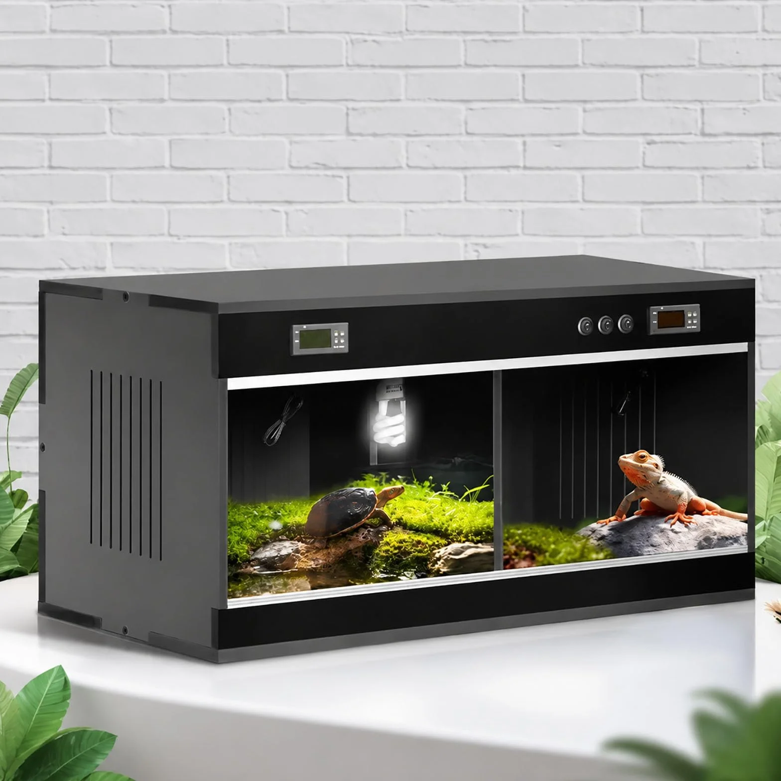 Terrarium dla gadów z podwójnym cyfrowym termostatem PVC, podzielone wiwarium z przesuwnymi drzwiami ze szkła hartowanego, izolowana skrytka hodowlana dla jaszczurek, żółwi(Black,120x60x60)