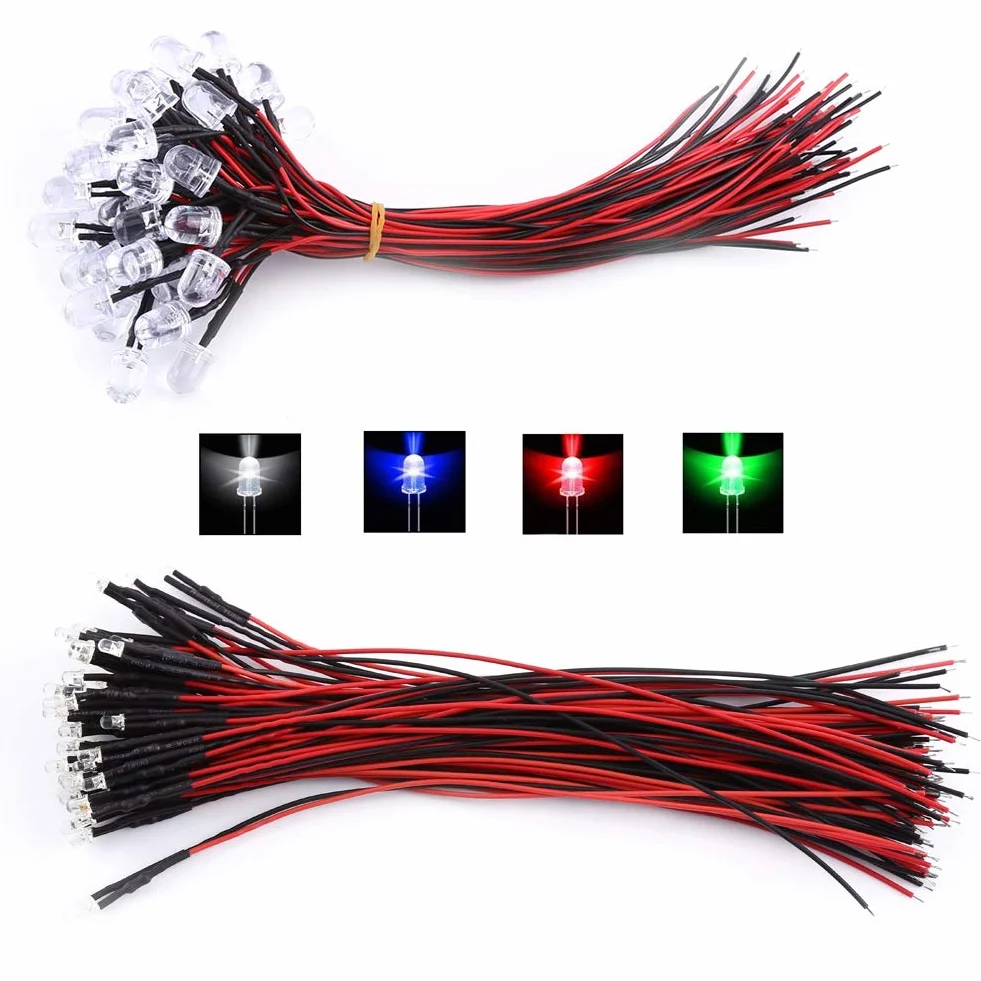 Walfront Diody świetlne LED DC 9-12 V, 50 szt. 3/5/10 mm z okablowanymi diodami LED 20 cm (białe, 10 mm)